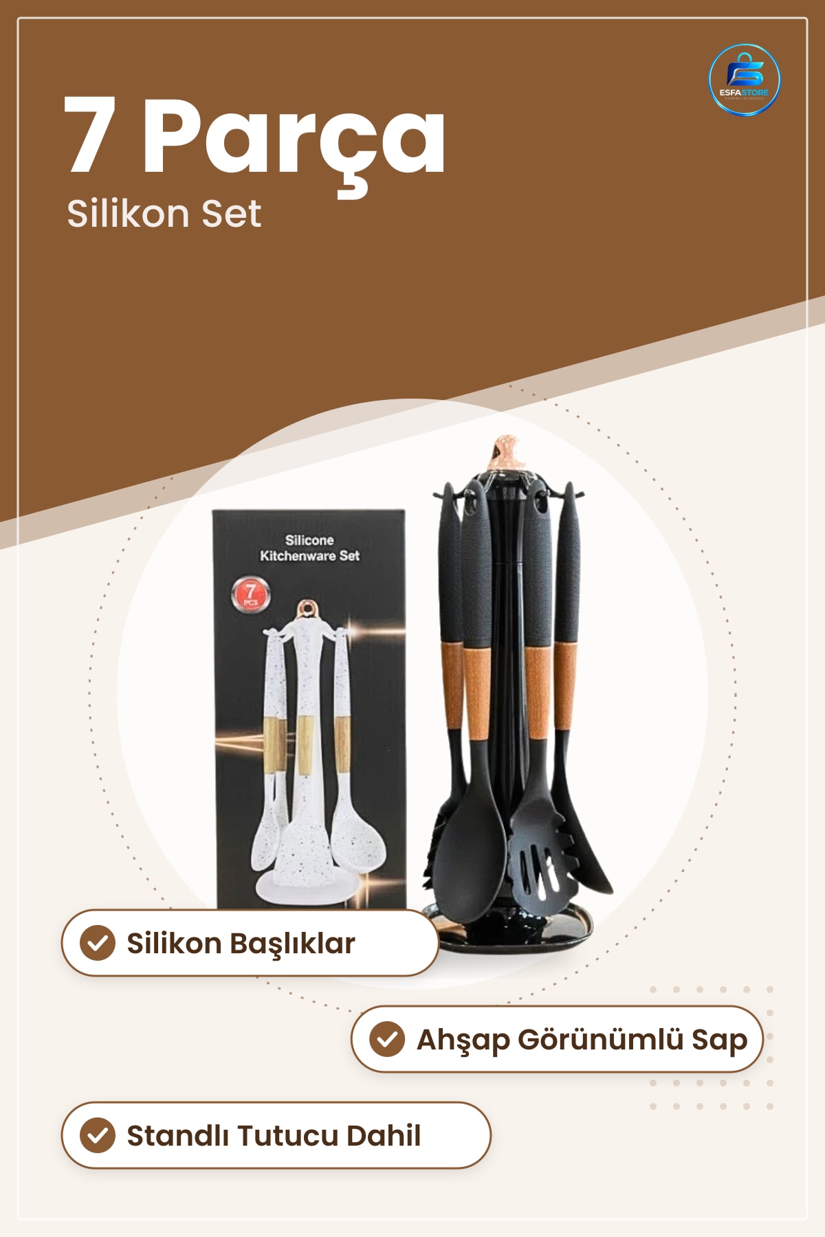 Silikon Spatula Seti 7 Parça Mutfak Yemek Pişirme Kaşığı Ahşap Saplı Standlı Gereçleri