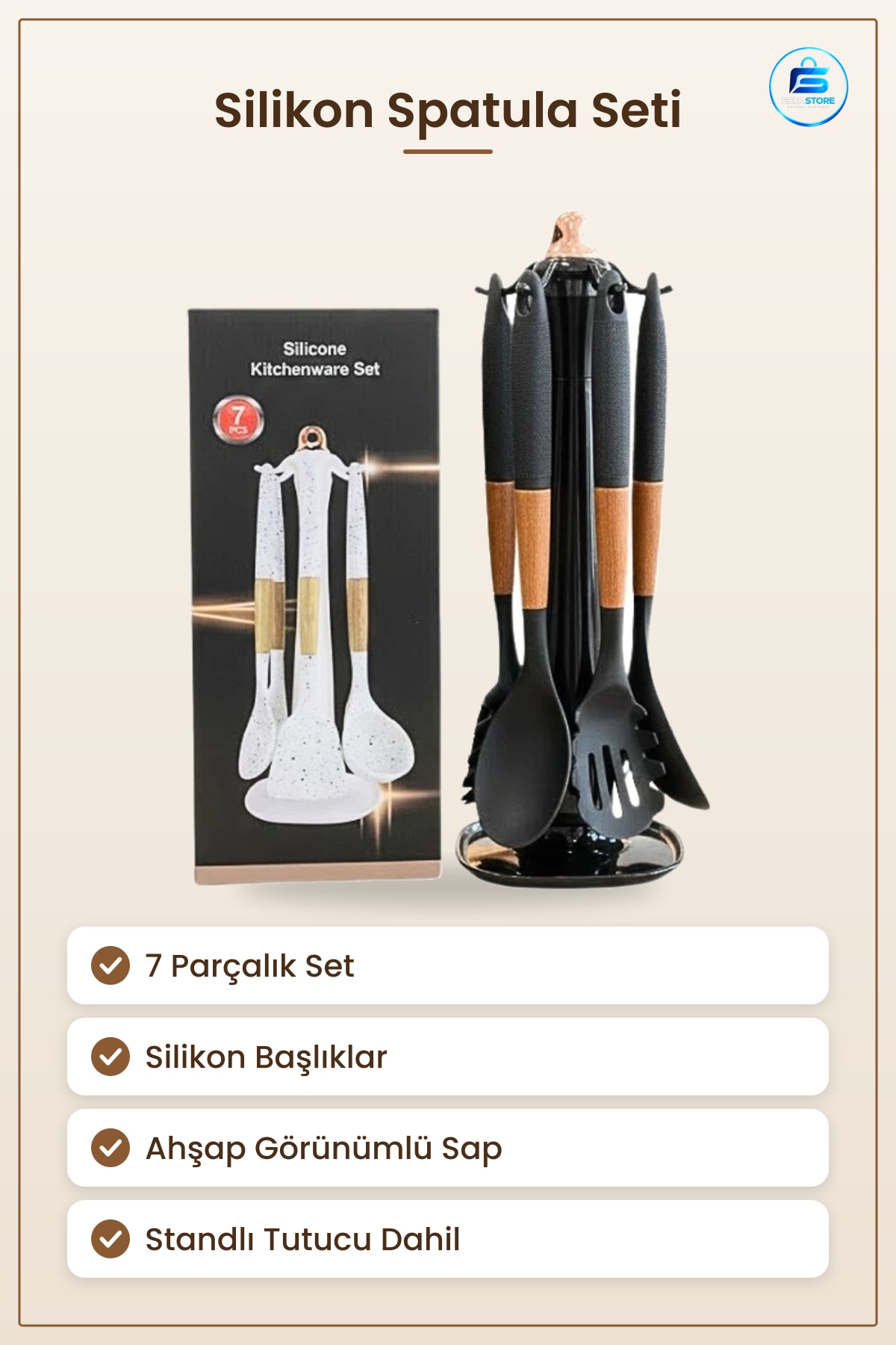 Silikon Spatula Seti 7 Parça Mutfak Yemek Pişirme Kaşığı Ahşap Saplı Standlı Gereçleri