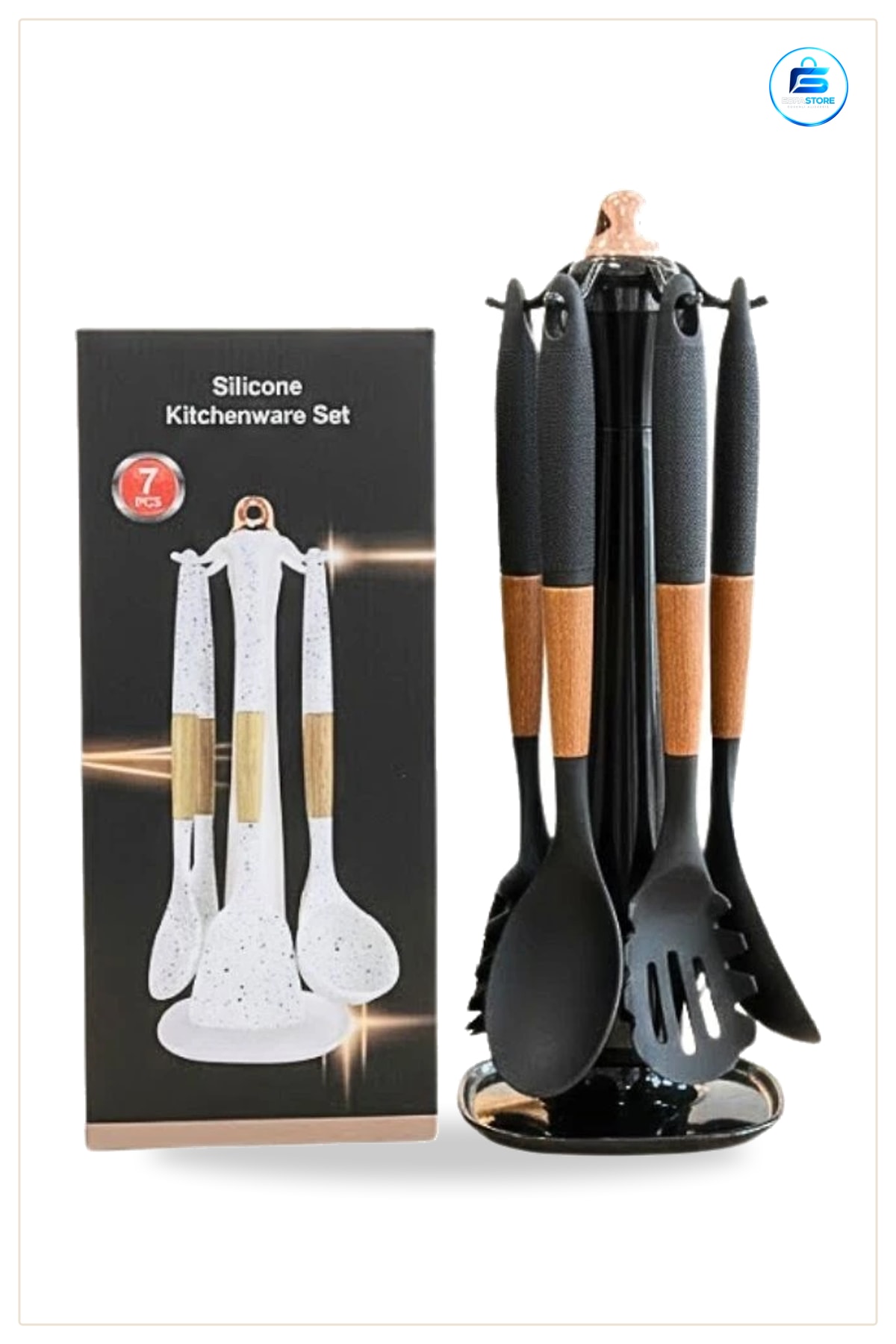Silikon Spatula Seti 7 Parça Mutfak Yemek Pişirme Kaşığı Ahşap Saplı Standlı Gereçleri