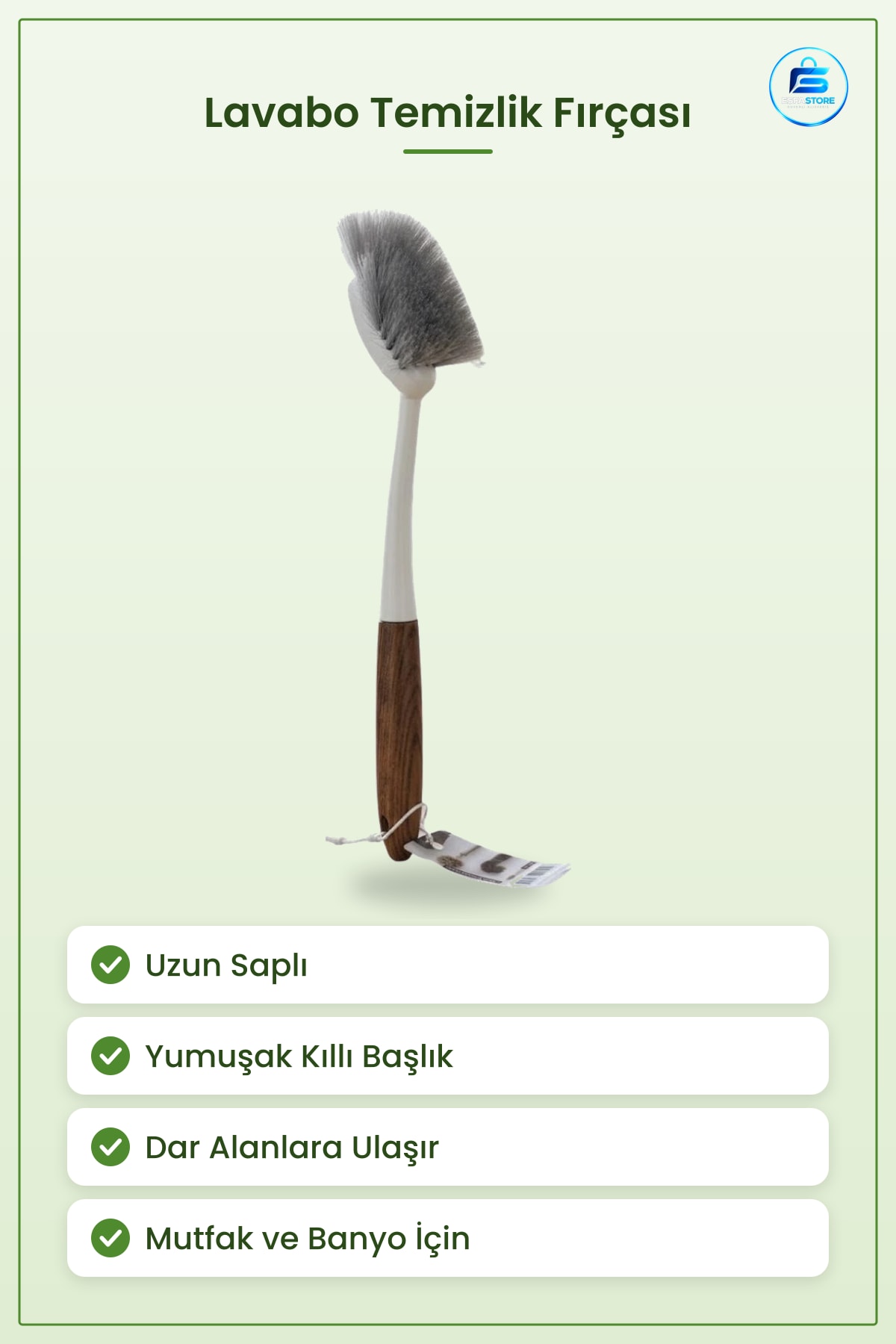Lavabo Temizlik Fırçası Uzun Saplı Ahşap Desenli Tutamaklı Mutfak ve Banyo İçin Yumuşak Kıllı Fırça