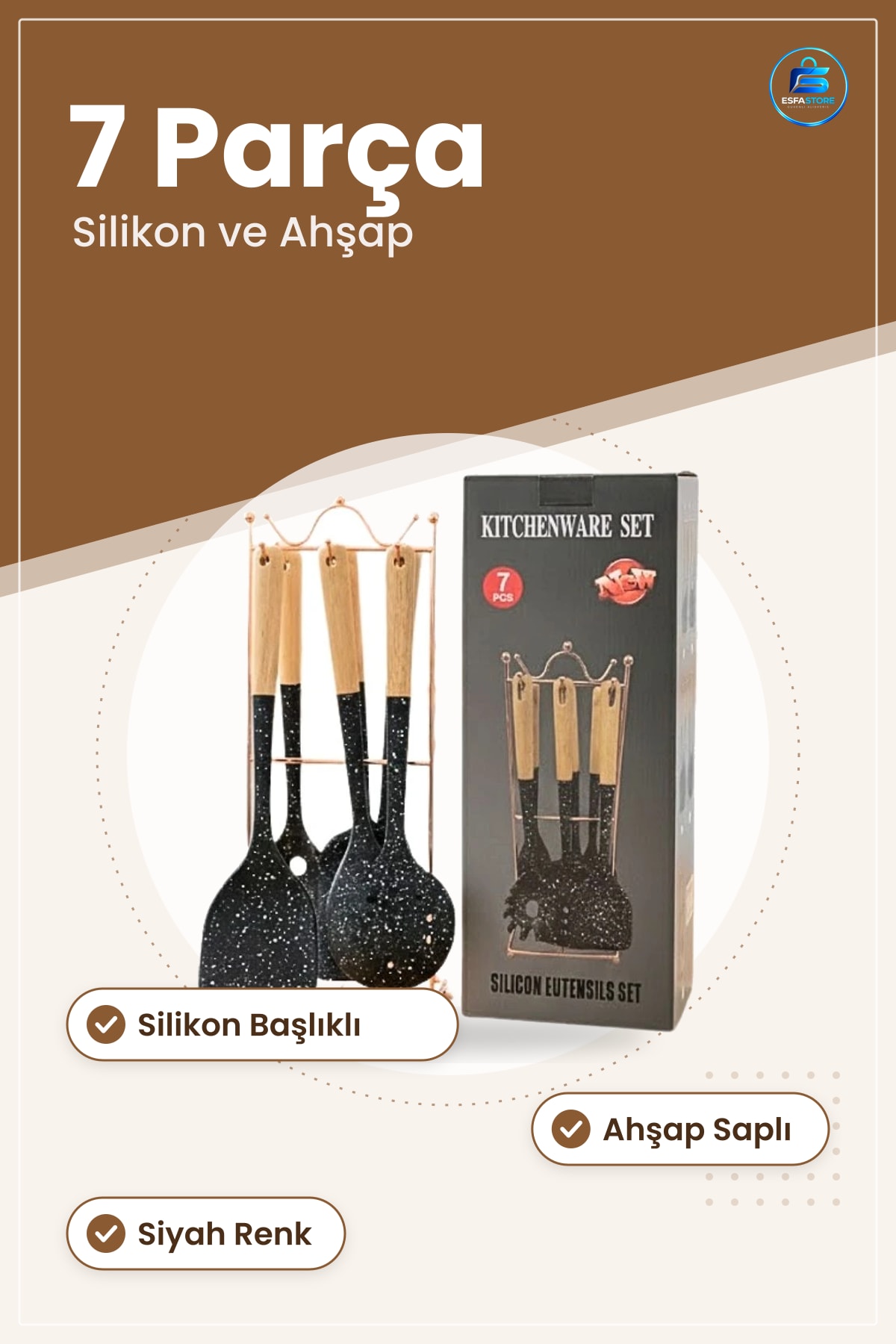 Ahşap Saplı Silikon Spatula 7 Parça Mutfak Seti Pişirme Gereçleri Yemek Hazırlık