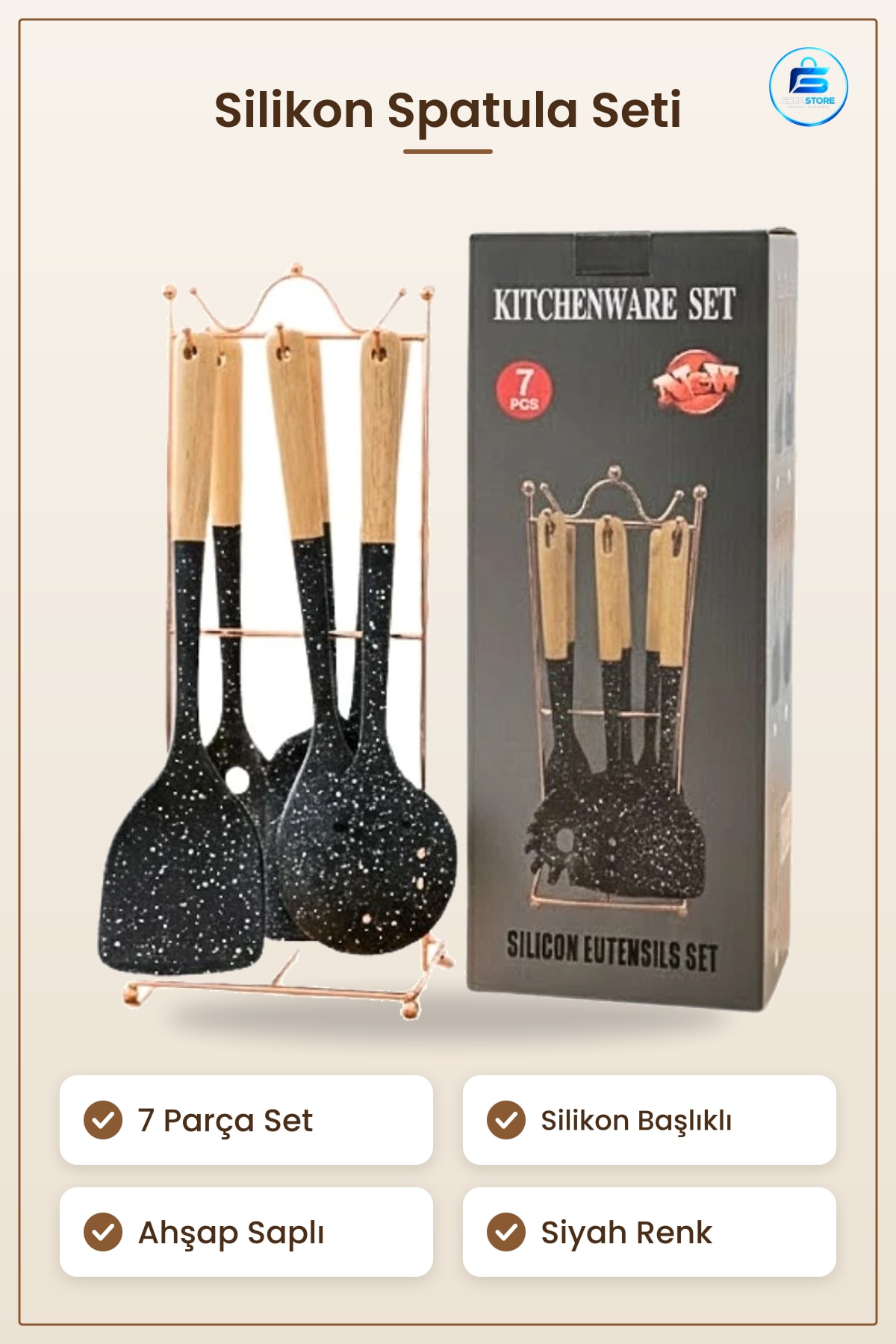 Ahşap Saplı Silikon Spatula 7 Parça Mutfak Seti Pişirme Gereçleri Yemek Hazırlık