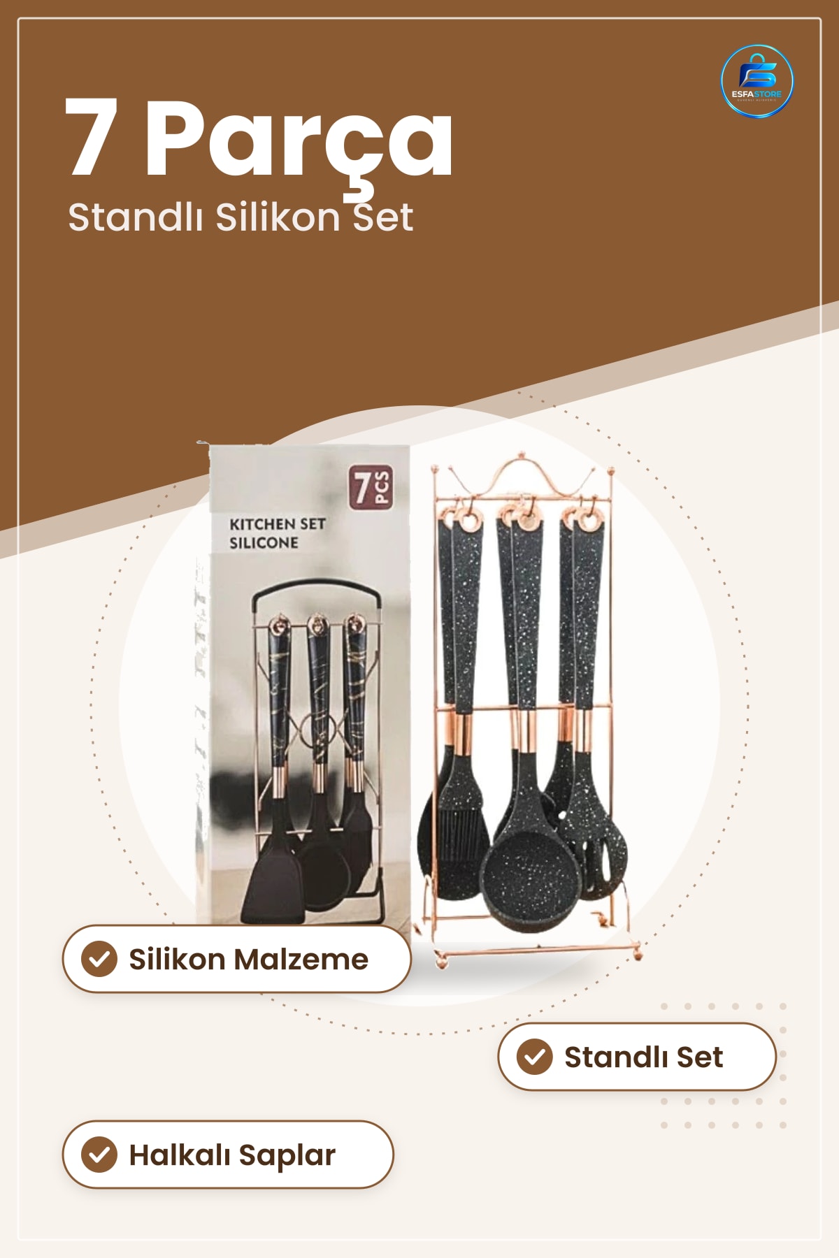 Spatula Silikon Mutfak Gereçleri 7 Parça Bilezikli Standlı Yemek Hazırlık Seti Pratik