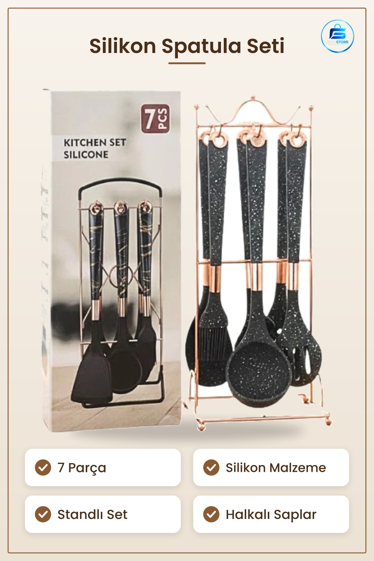 Spatula Silikon Mutfak Gereçleri 7 Parça Bilezikli Standlı Yemek Hazırlık Seti Pratik