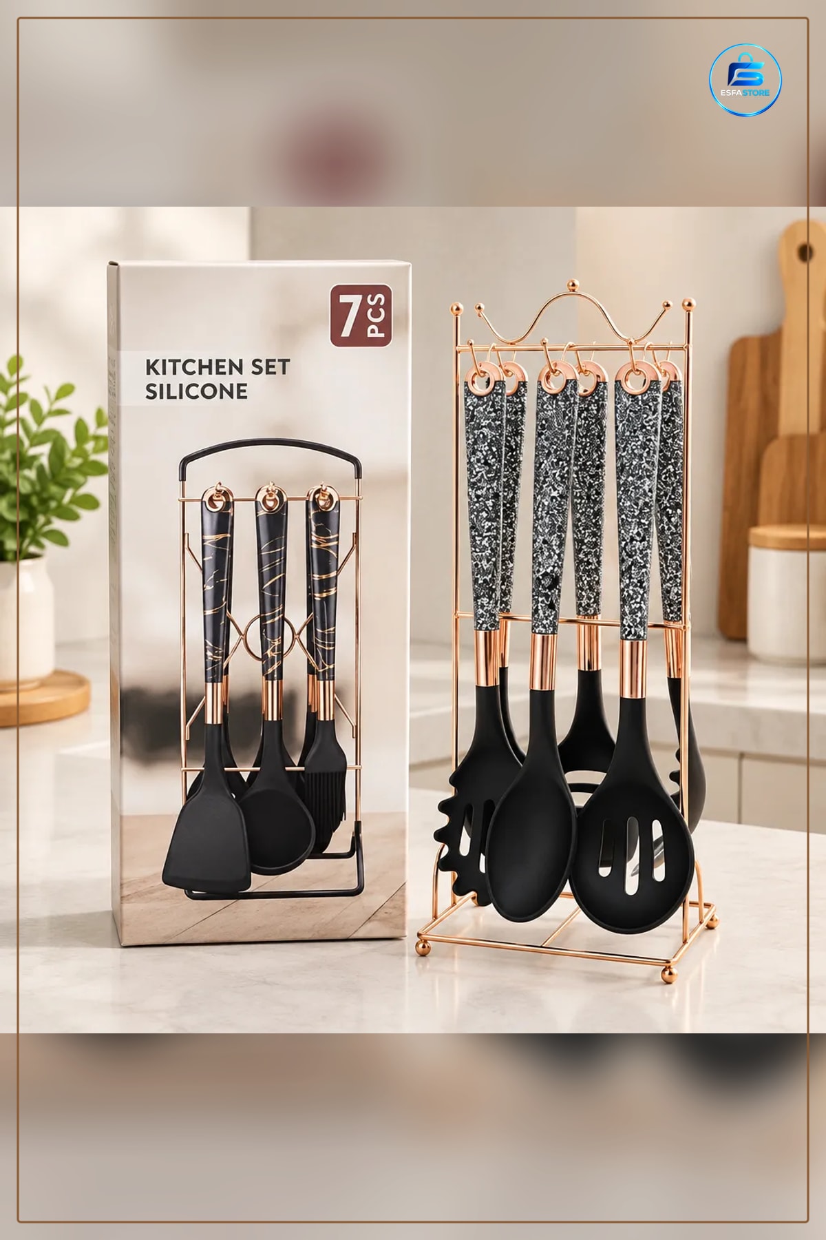 Spatula Silikon Mutfak Seti 7 Parça Stantlı Siyah Yemek Pişirme Aracı Ev İçin Düzenli Saklama