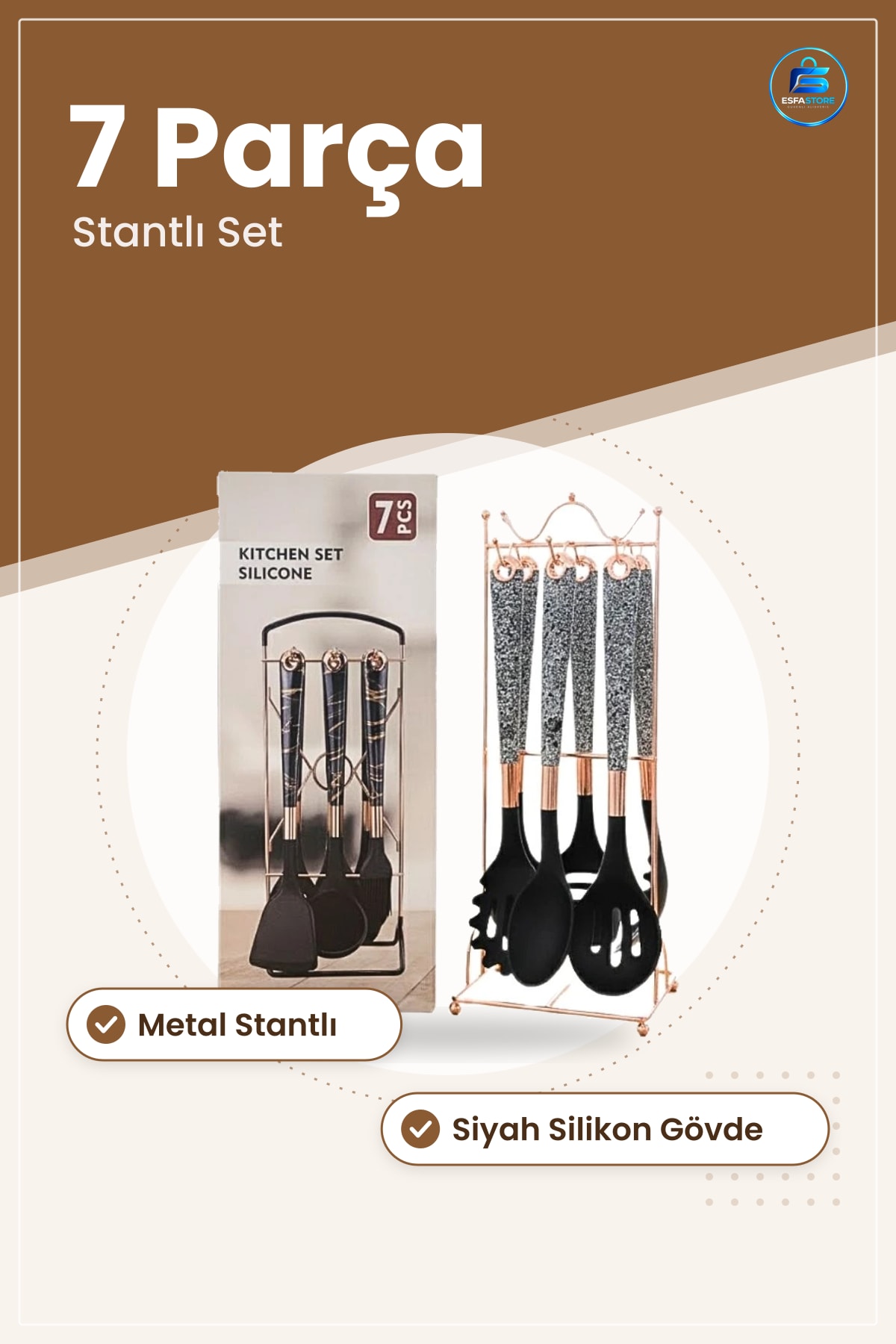 Spatula Silikon Mutfak Seti 7 Parça Stantlı Siyah Yemek Pişirme Aracı Ev İçin Düzenli Saklama