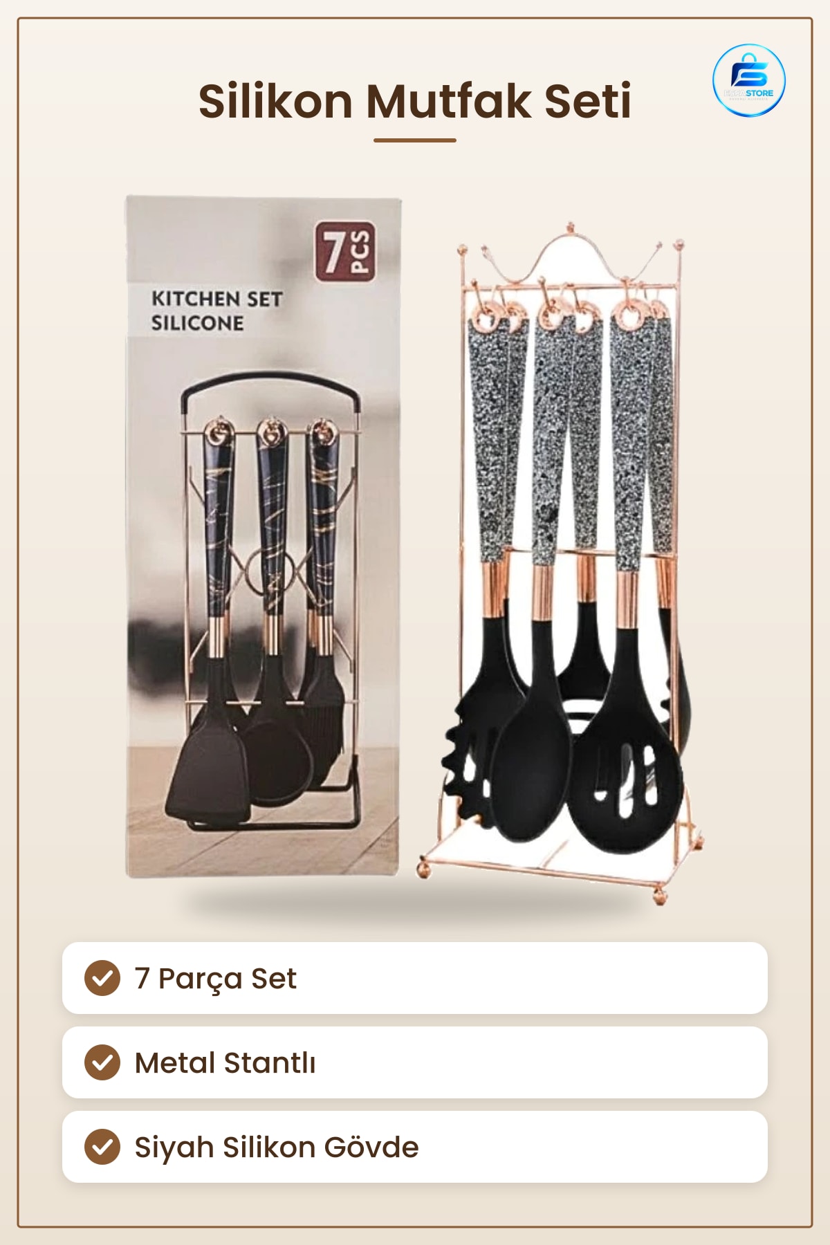 Spatula Silikon Mutfak Seti 7 Parça Stantlı Siyah Yemek Pişirme Aracı Ev İçin Düzenli Saklama