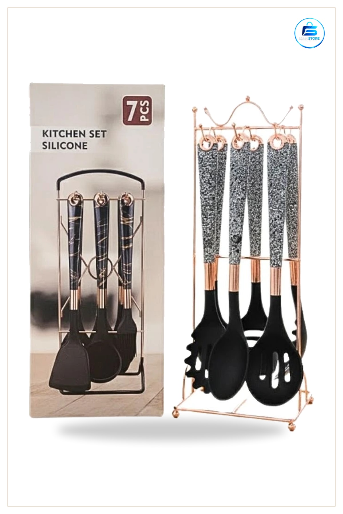 Spatula Silikon Mutfak Seti 7 Parça Stantlı Siyah Yemek Pişirme Aracı Ev İçin Düzenli Saklama