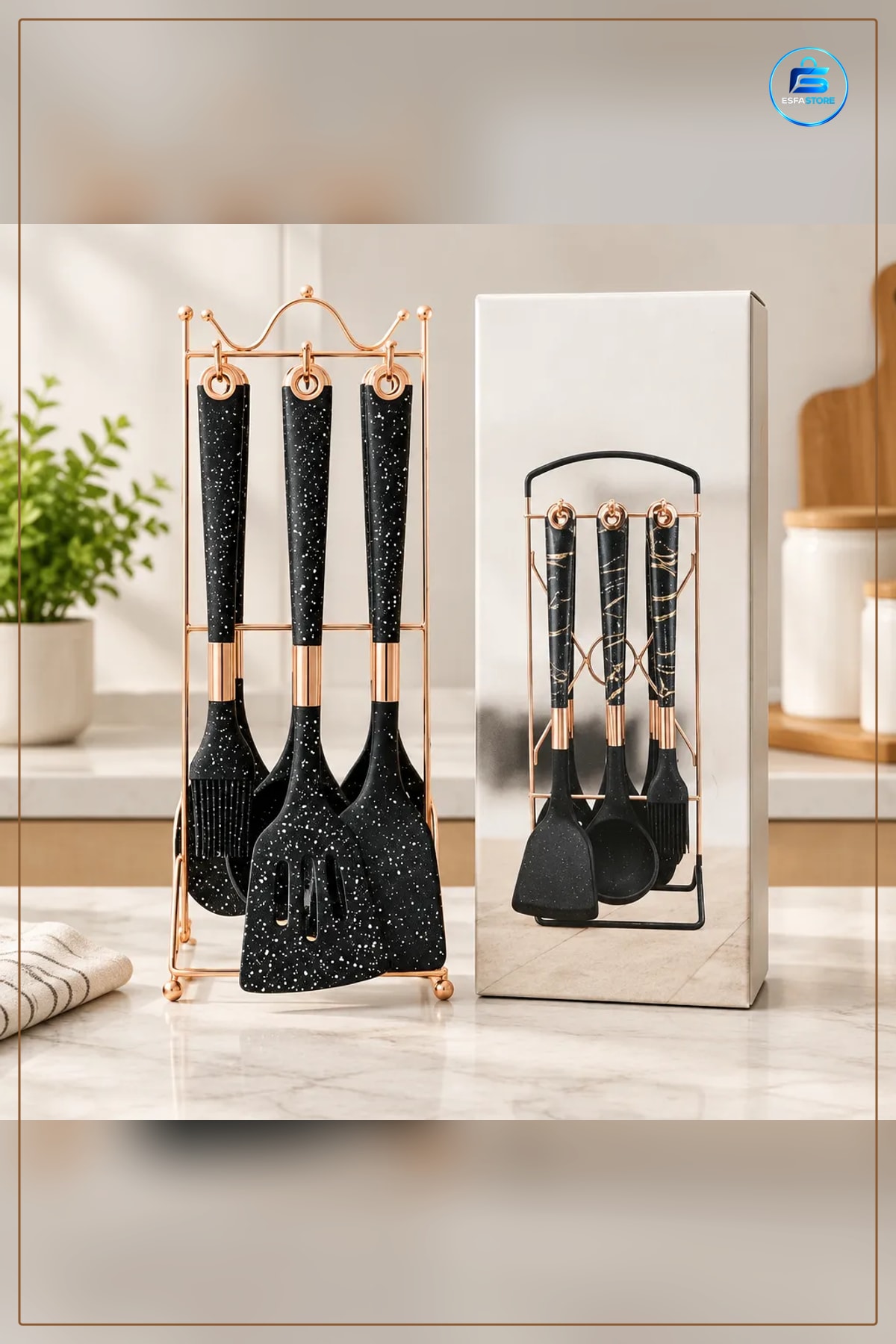 Spatula Silikon Mutfak Seti 7 Parça Stantlı Siyah Pişirme Kaşığı Fırça Yemek Hazırlık Gereçleri