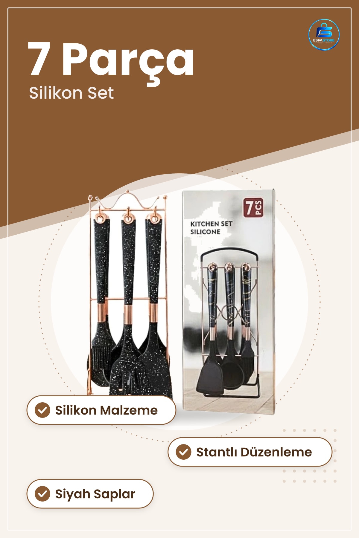 Spatula Silikon Mutfak Seti 7 Parça Stantlı Siyah Pişirme Kaşığı Fırça Yemek Hazırlık Gereçleri