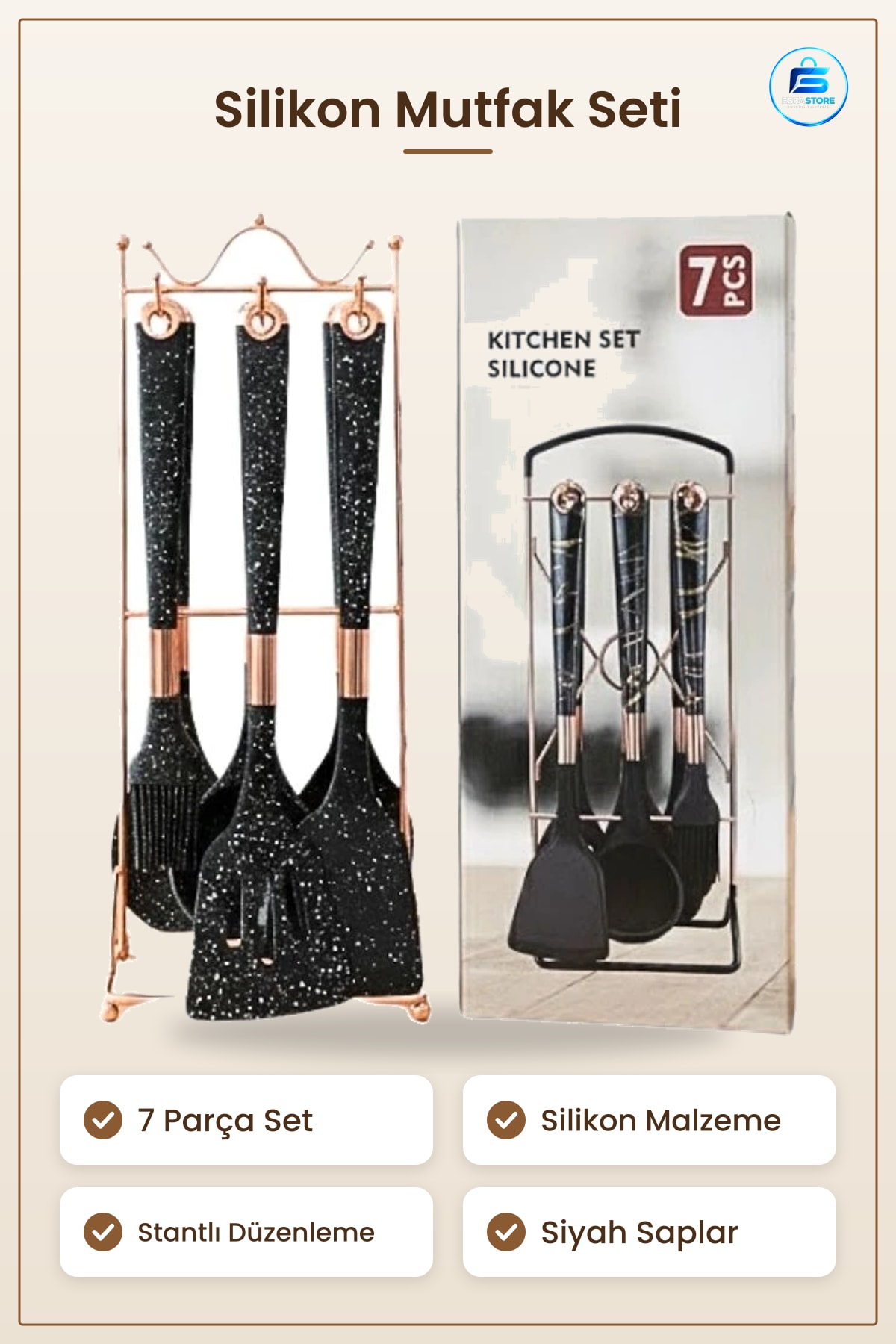 Spatula Silikon Mutfak Seti 7 Parça Stantlı Siyah Pişirme Kaşığı Fırça Yemek Hazırlık Gereçleri