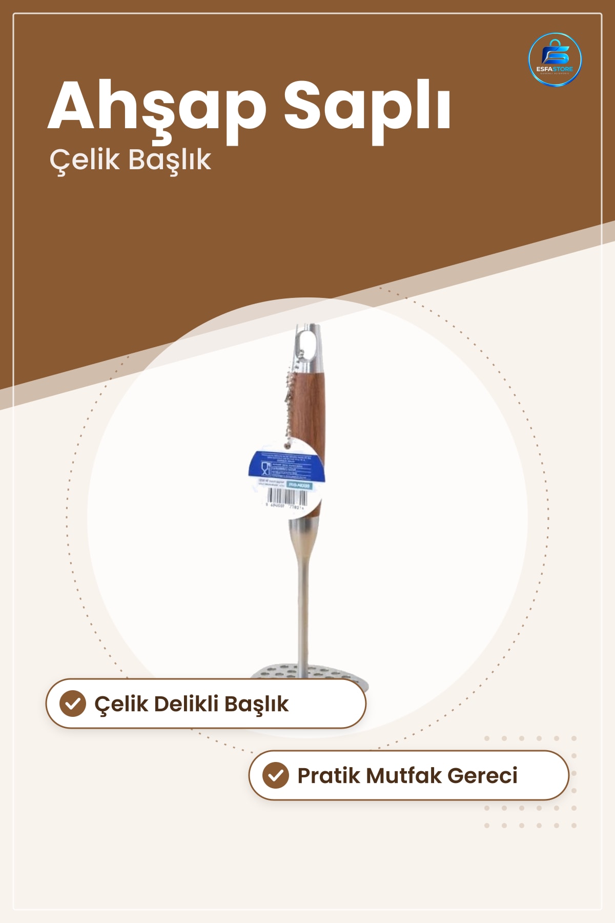 Patates Ezici Ahşap Saplı Çelik Delikli Başlıklı Mutfak Püre Hazırlama Gereci Pratik Kullanımlı
