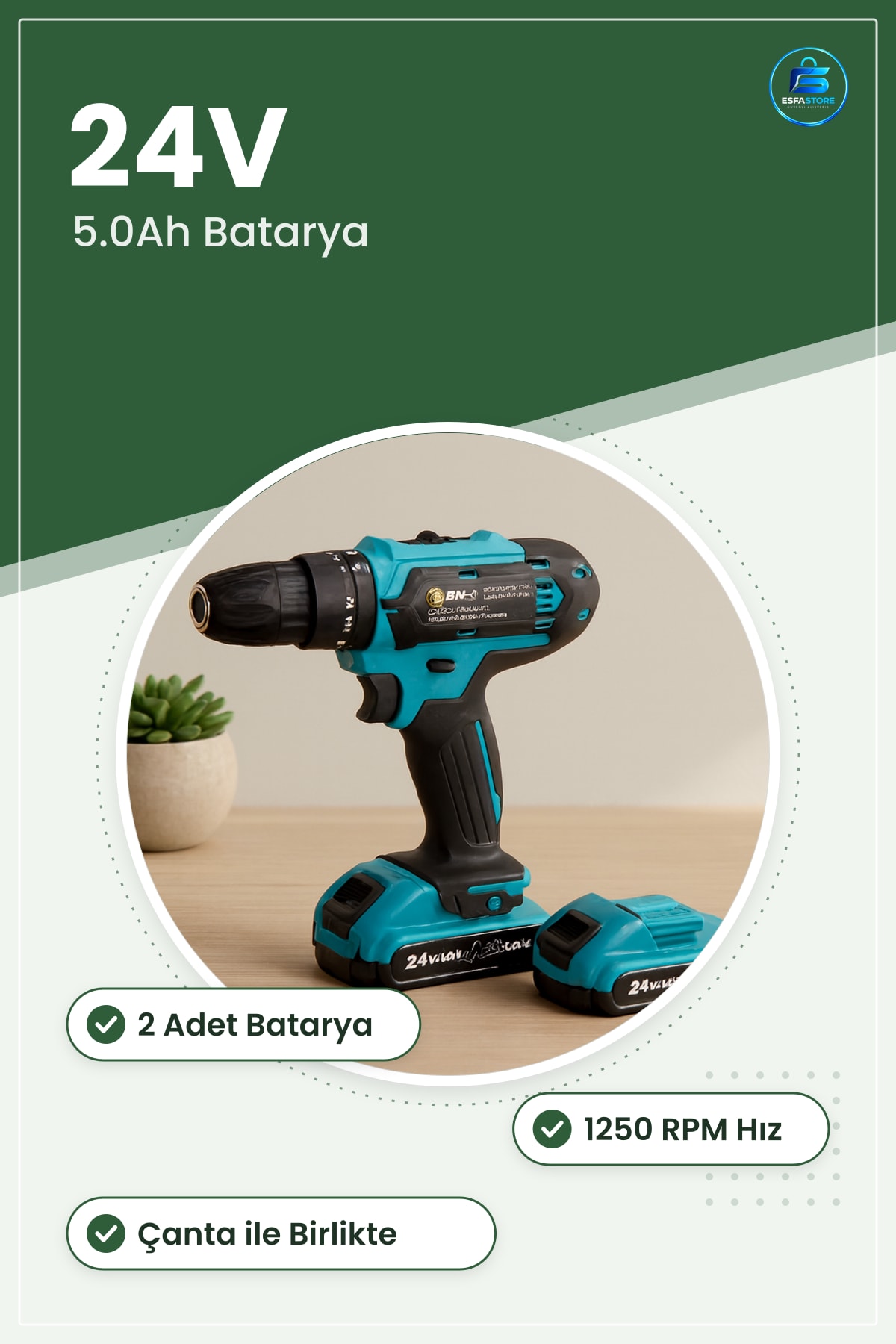 Şarjlı Matkap Seti 24V 5.0Ah 2 Batarya Çantalı RPM Kablosuz Delme Vidalama Ev Atölye Aleti