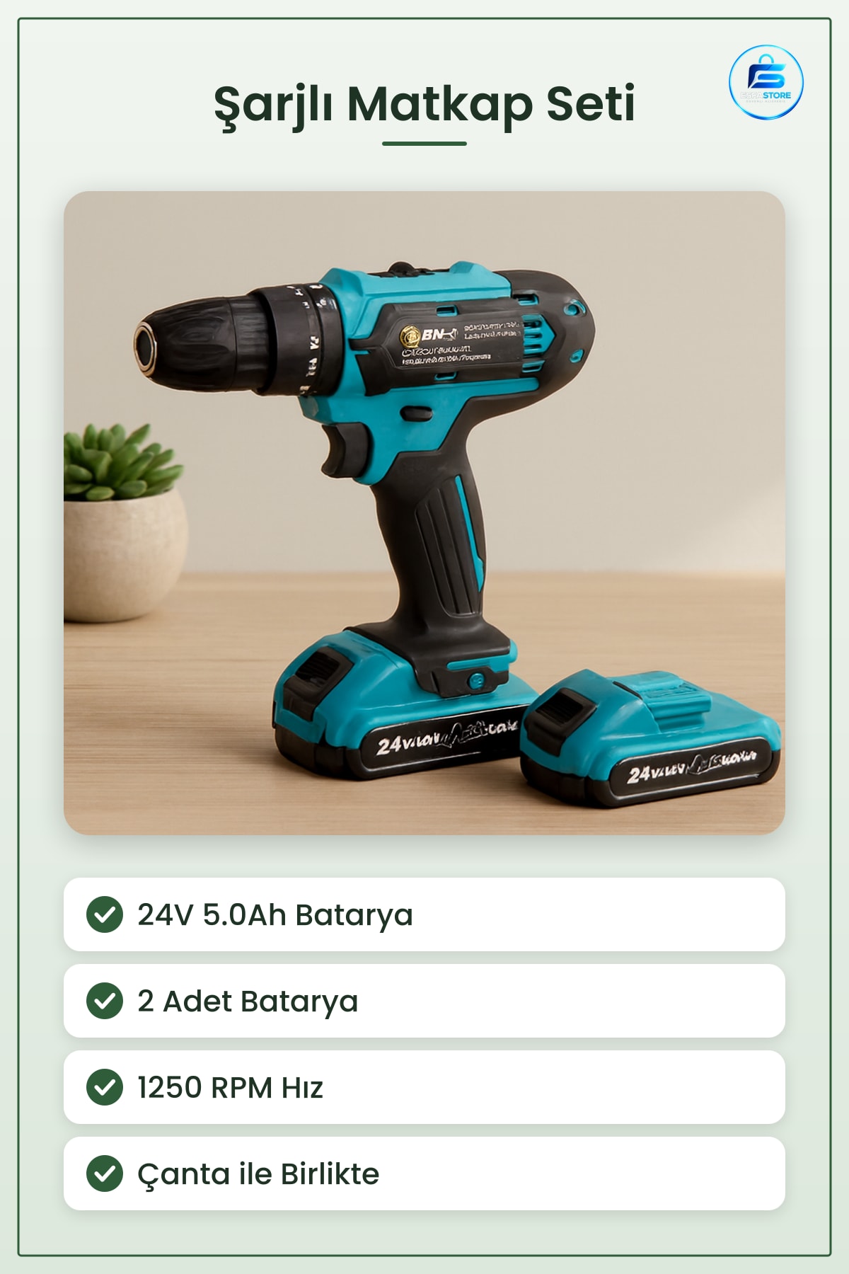 Şarjlı Matkap Seti 24V 5.0Ah 2 Batarya Çantalı RPM Kablosuz Delme Vidalama Ev Atölye Aleti