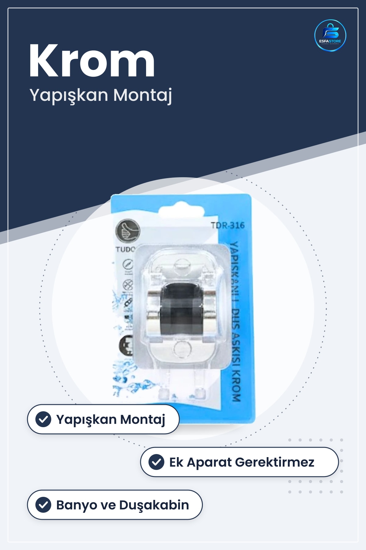 Duş Askısı Yapışkanlı Krom Duşakabin Aksesuarı Banyo İçin Kolay Montaj Ek Aparat Gerektirmez