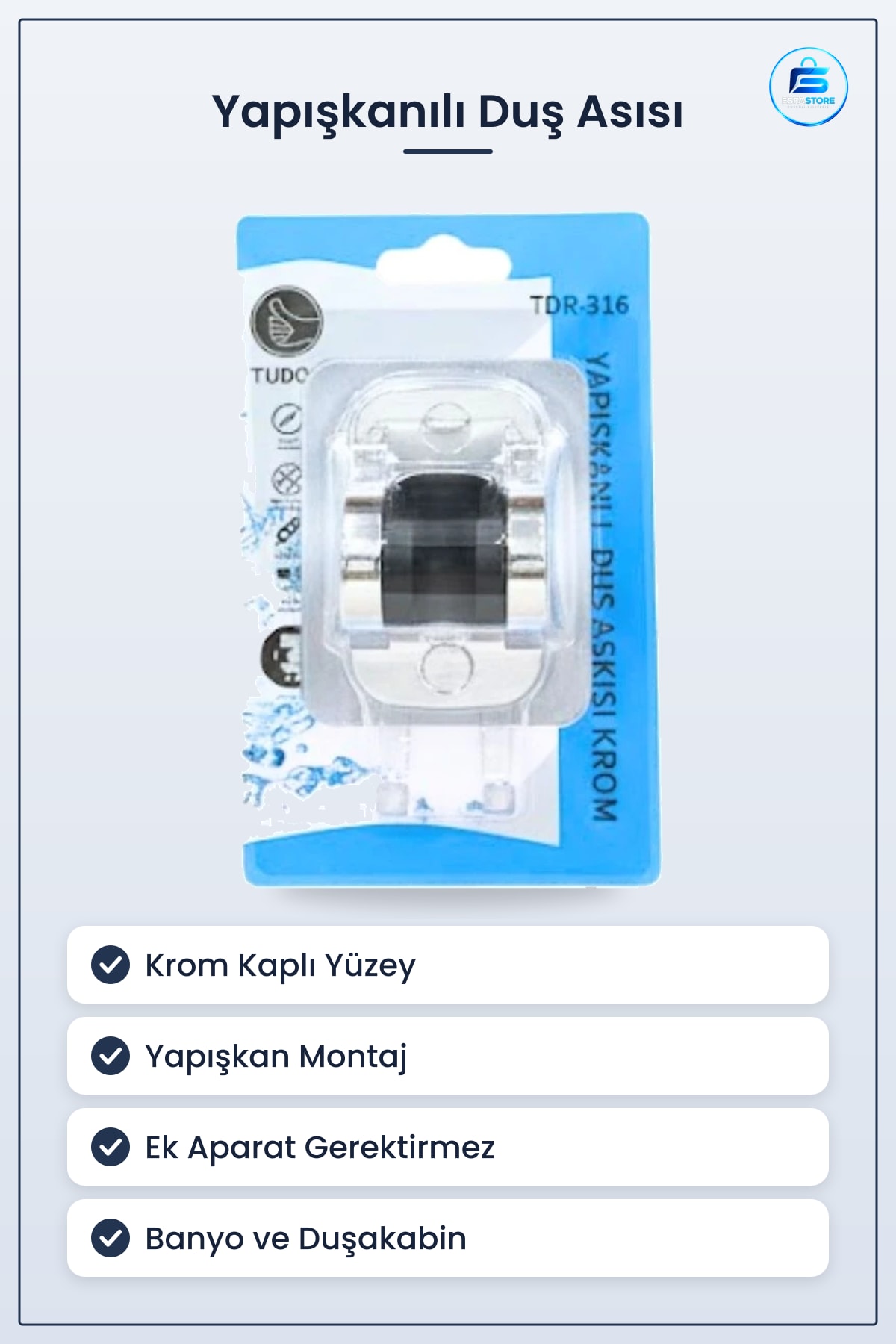 Duş Askısı Yapışkanlı Krom Duşakabin Aksesuarı Banyo İçin Kolay Montaj Ek Aparat Gerektirmez