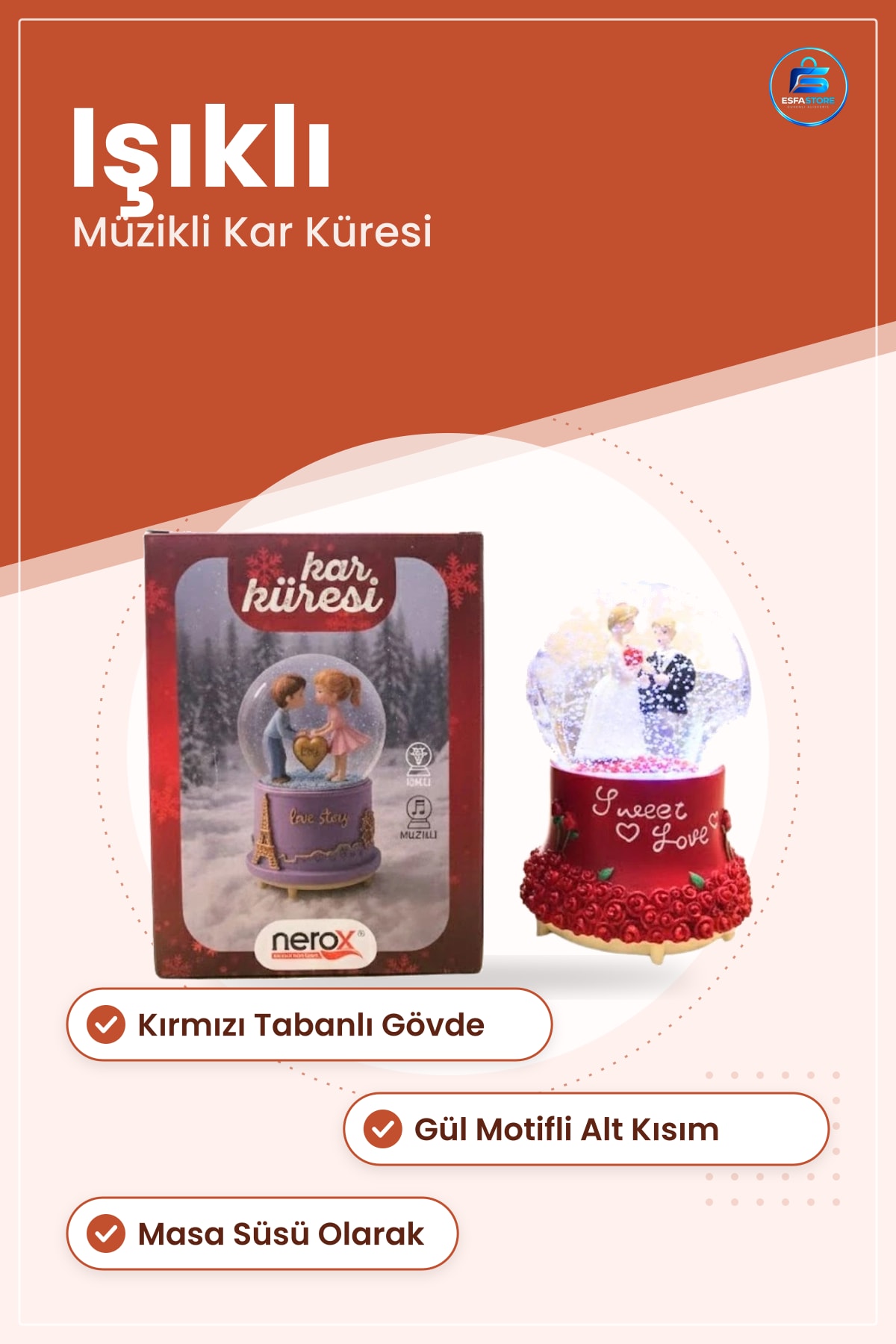 Işıklı Müzikli Kar Küresi Dekoratif Hediyelik Masa Süsü Kırmızı Gül Figürlü Ev Ofis Dekoru