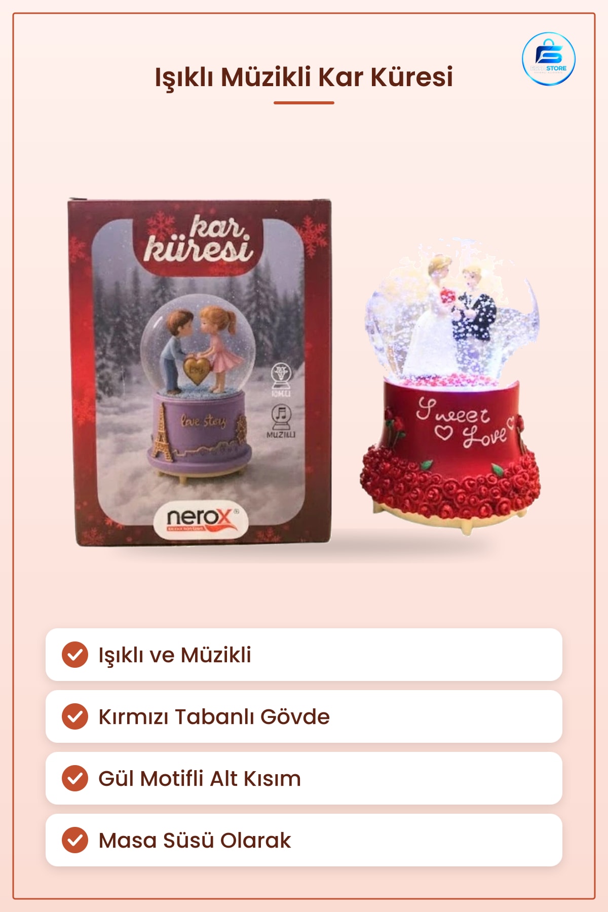 Işıklı Müzikli Kar Küresi Dekoratif Hediyelik Masa Süsü Kırmızı Gül Figürlü Ev Ofis Dekoru