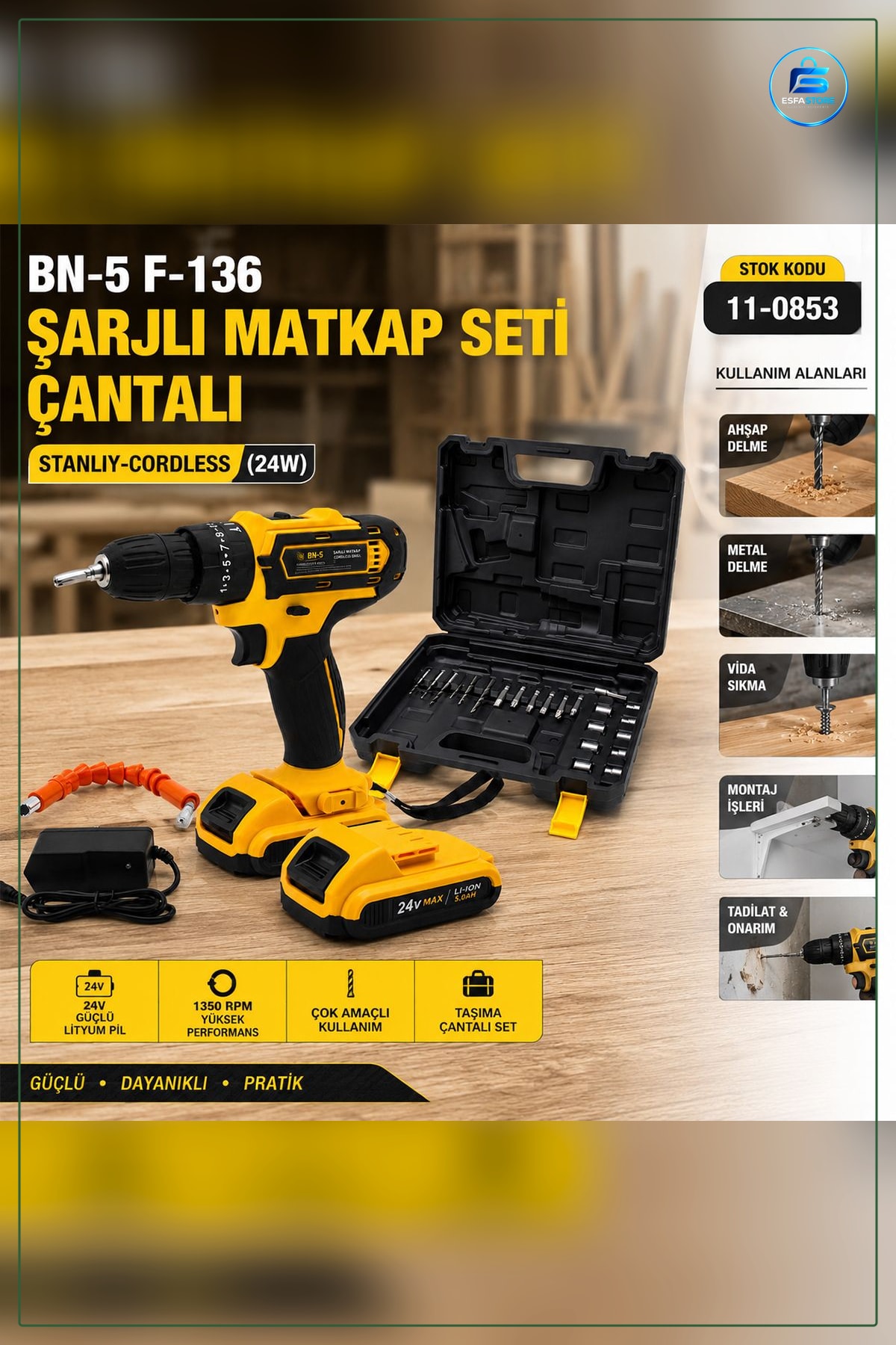Şarjlı Matkap Seti 24W RPM Çantalı Kablosuz Delme ve Vidalama Ev Tamir Aracı Ahşap Metal