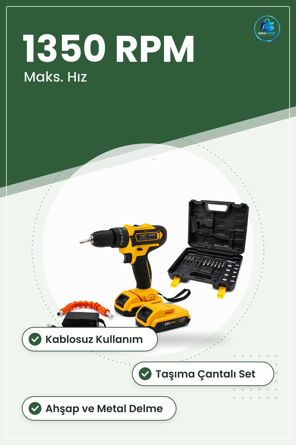 Şarjlı Matkap Seti 24W RPM Çantalı Kablosuz Delme ve Vidalama Ev Tamir Aracı Ahşap Metal