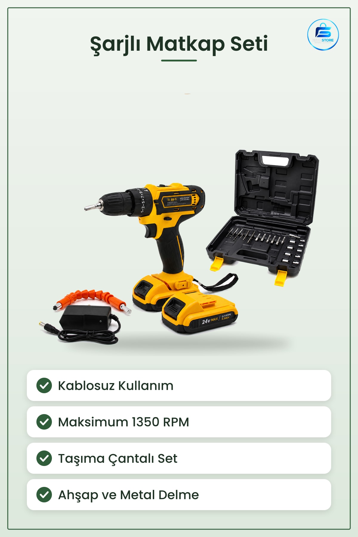 Şarjlı Matkap Seti 24W RPM Çantalı Kablosuz Delme ve Vidalama Ev Tamir Aracı Ahşap Metal