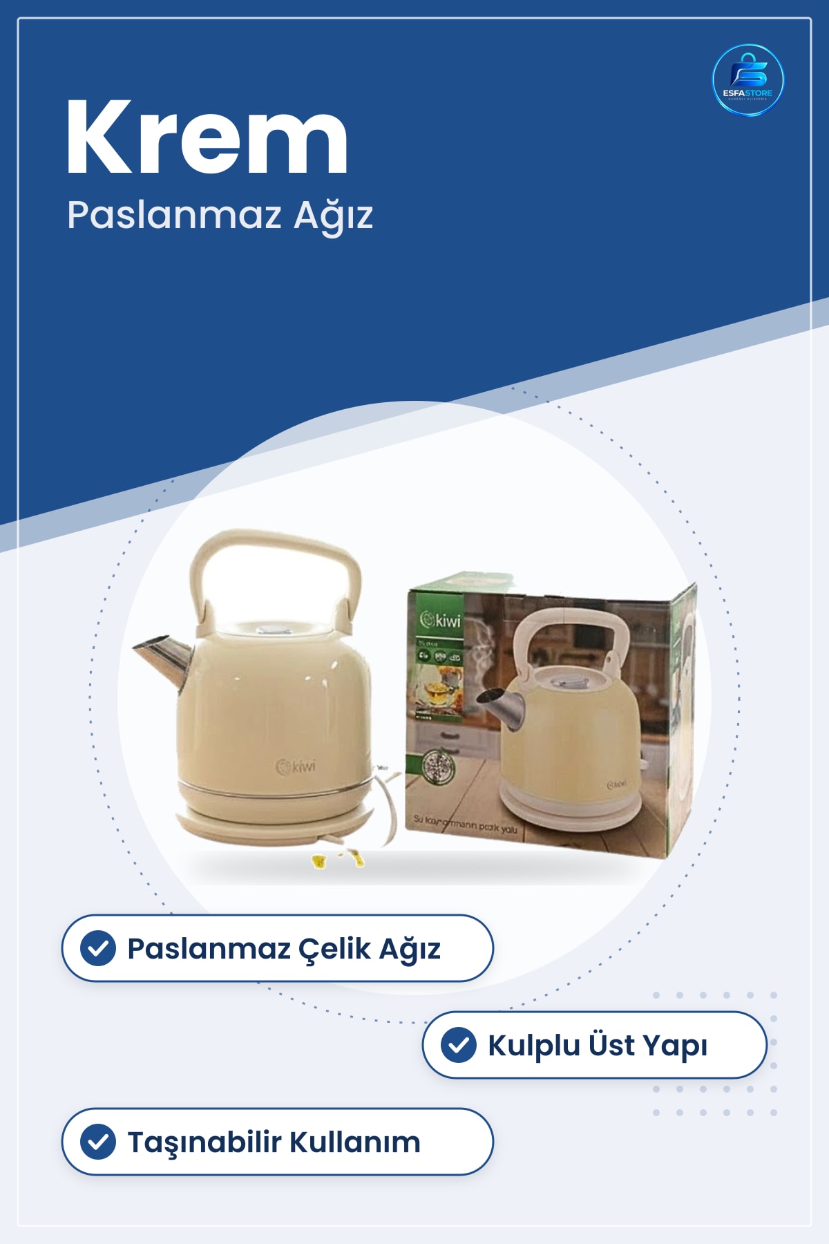 Kettle Çaydanlık Tipi Su Isıtıcısı Elektrikli Krem Paslanmaz Çelik Ağızlı Çay Kahve Mutfak