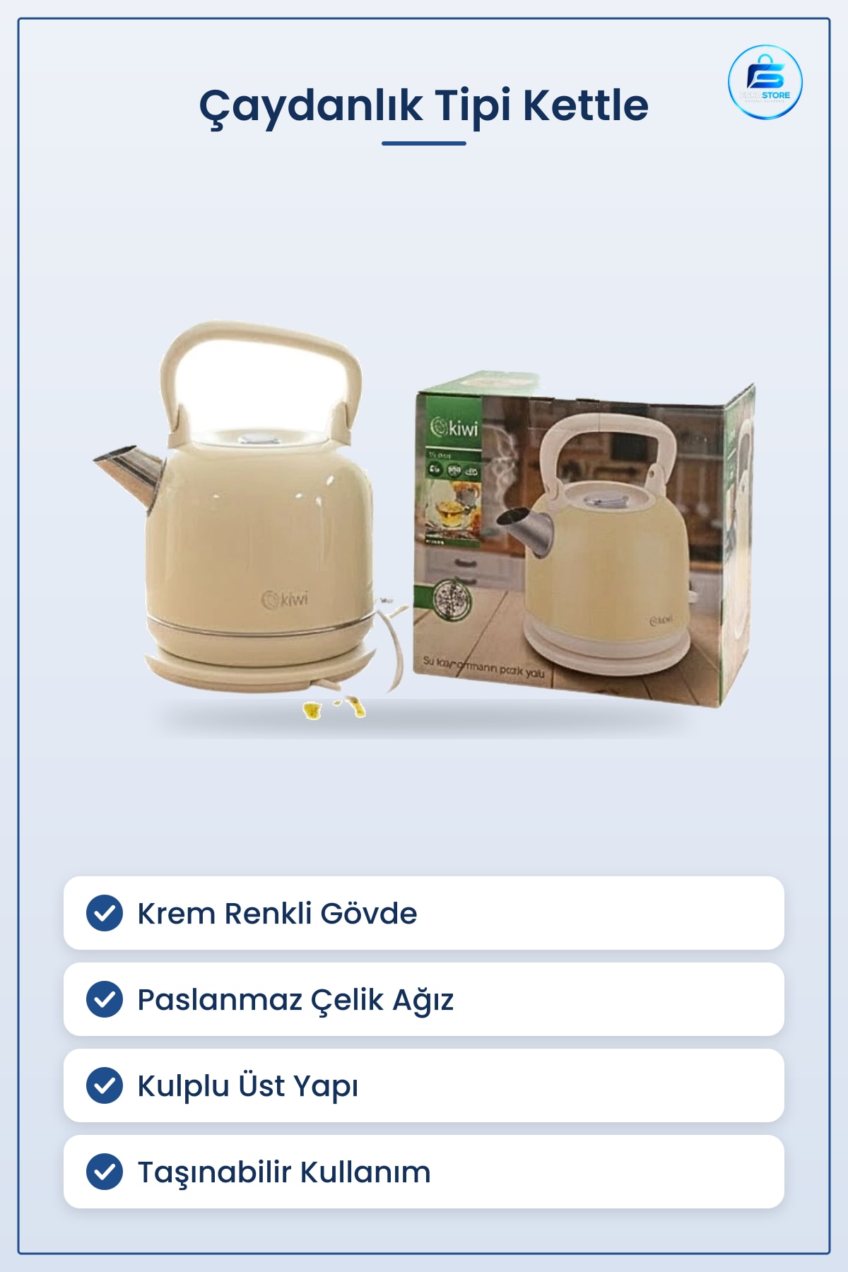 Kettle Çaydanlık Tipi Su Isıtıcısı Elektrikli Krem Paslanmaz Çelik Ağızlı Çay Kahve Mutfak