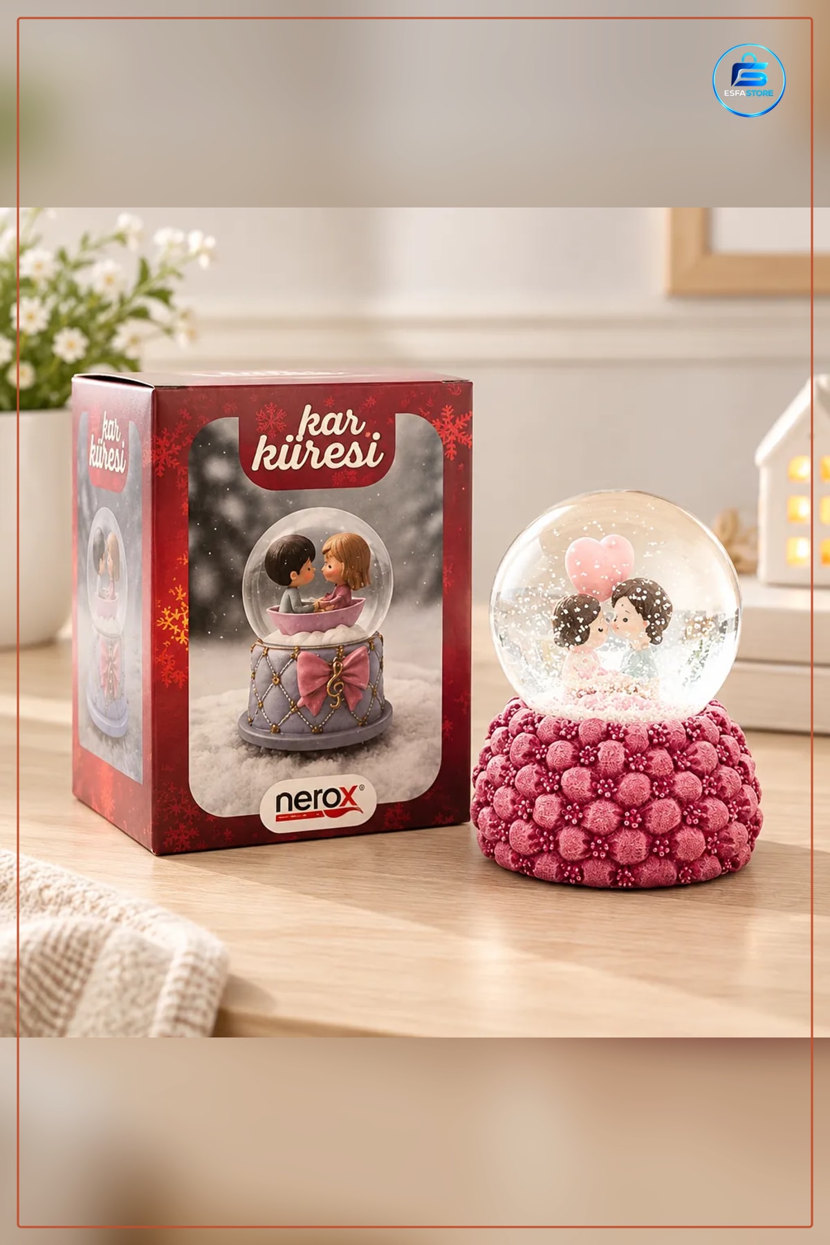 Işıklı Kar Küresi Pembe Çift Figürlü Hediyelik Su Dolu Ev Dekorasyonu Masa Üstü Süs