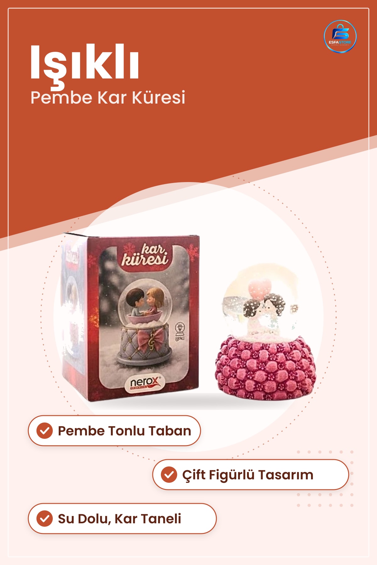 Işıklı Kar Küresi Pembe Çift Figürlü Hediyelik Su Dolu Ev Dekorasyonu Masa Üstü Süs