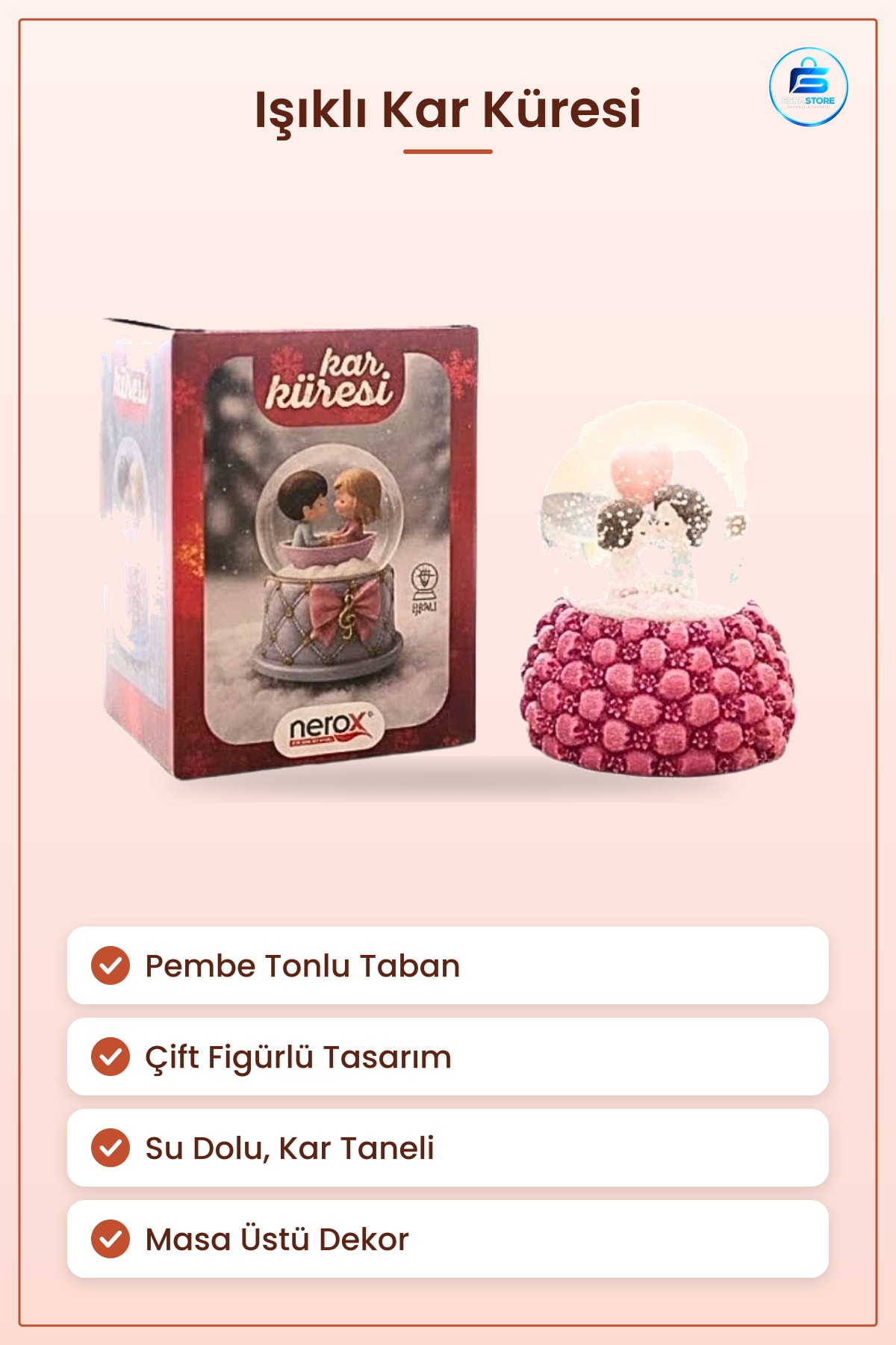 Işıklı Kar Küresi Pembe Çift Figürlü Hediyelik Su Dolu Ev Dekorasyonu Masa Üstü Süs