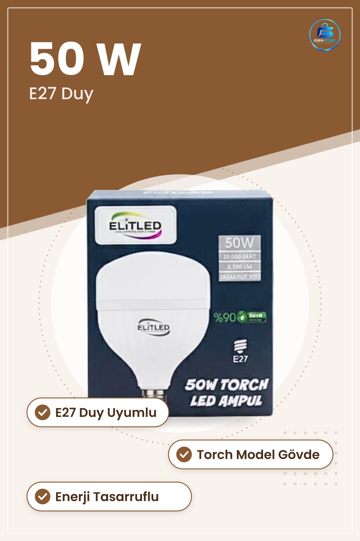 LED Ampul 50 W E27 Duy Torch Model Genel Aydınlatma İçin Enerji Tasarruflu Lamba Uyumlu