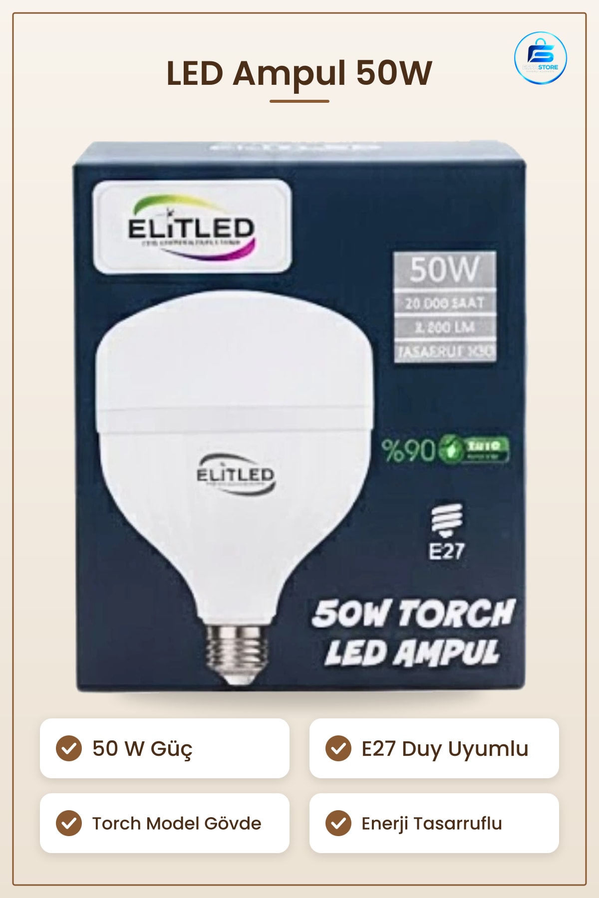 LED Ampul 50 W E27 Duy Torch Model Genel Aydınlatma İçin Enerji Tasarruflu Lamba Uyumlu