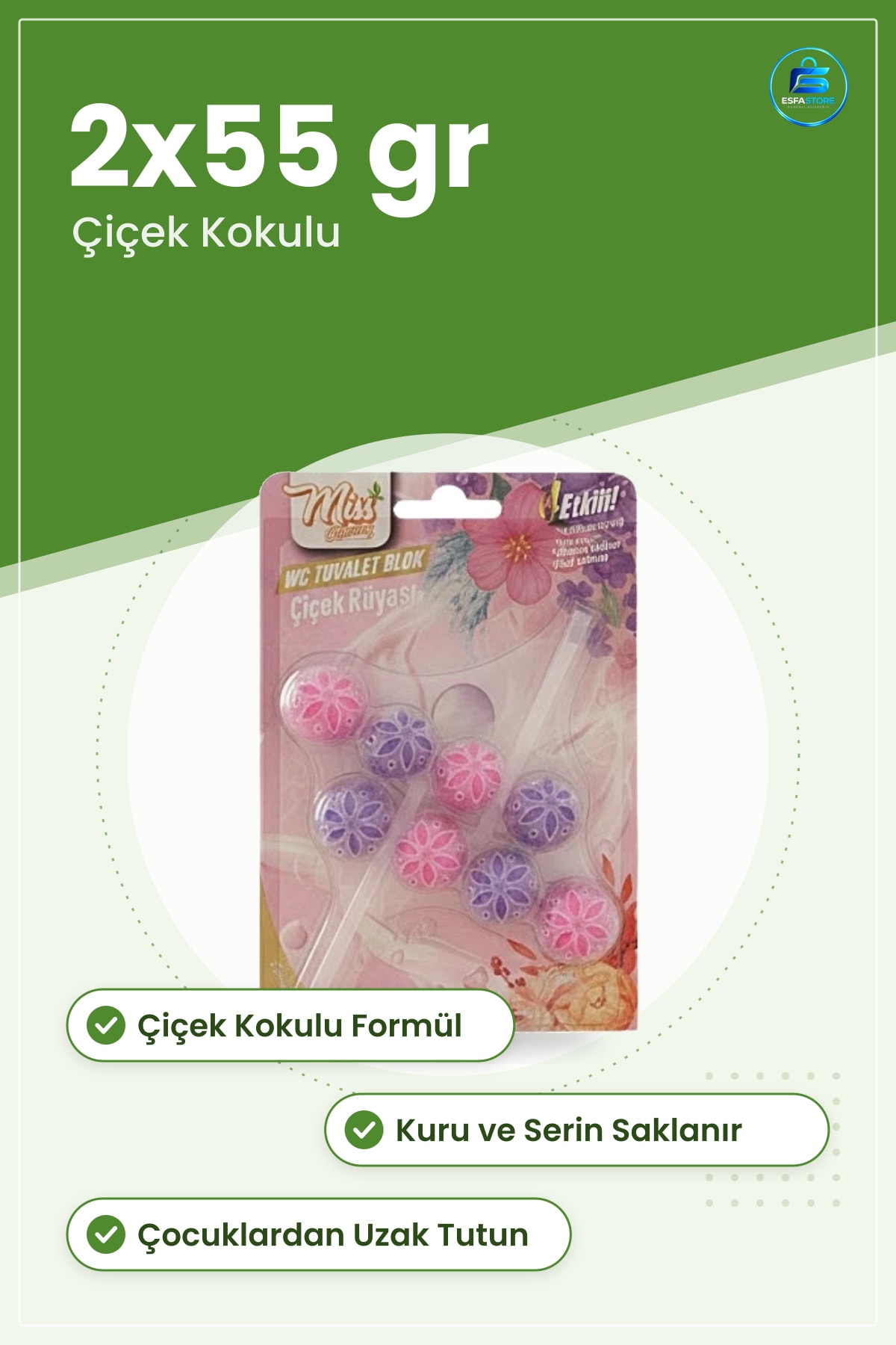 WC Blok 2x55 gr Çiçek Kokulu Tuvalet Temizleyici Bloğu Banyo Ev Bakım Temizlik Ürünü