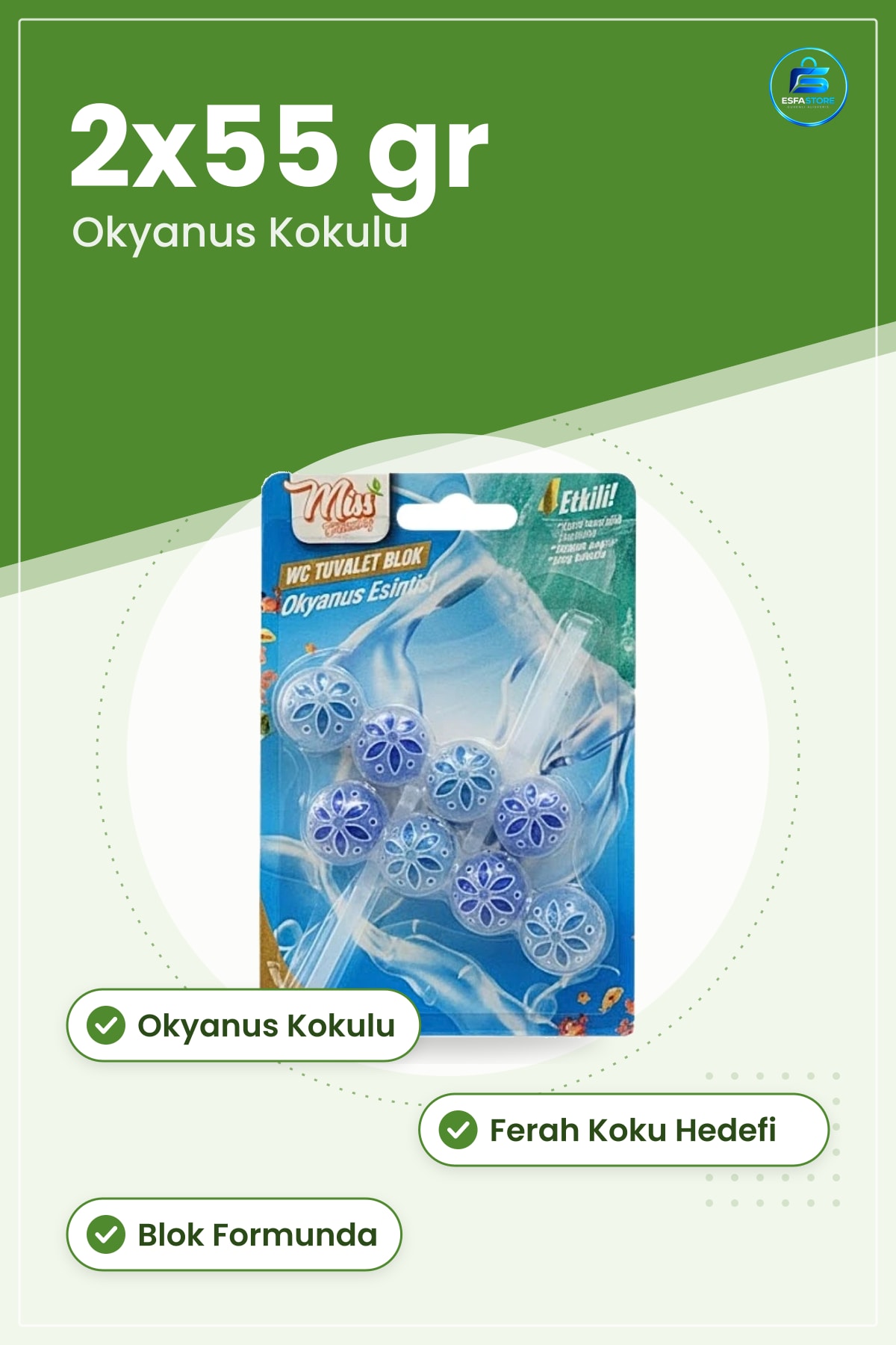 WC Blok Okyanus Kokulu Temizleyici 2x55 gr Tuvalet Koku Giderici Ev Temizlik Ürünü