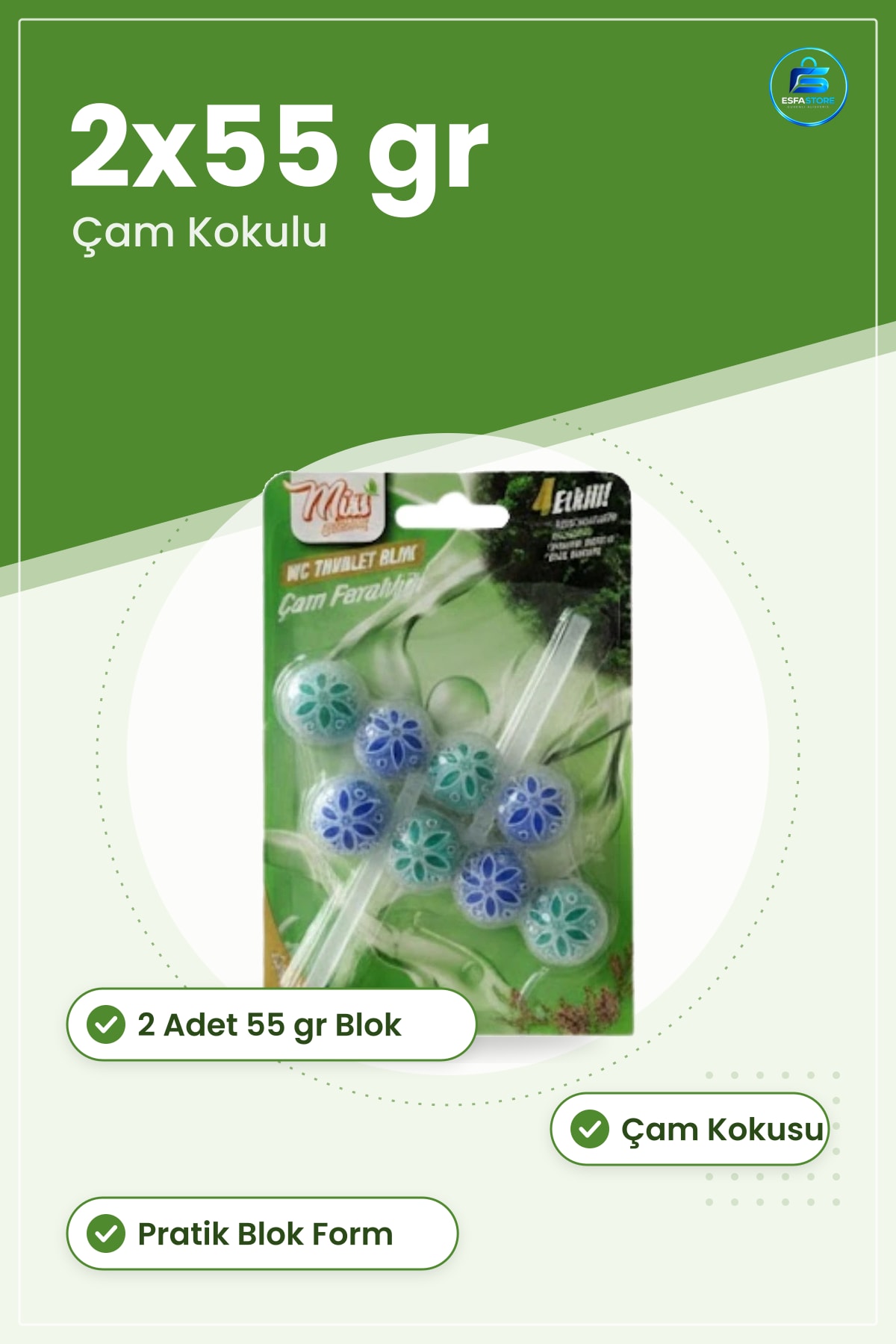 Tuvalet Koku Giderici WC Blok Çam Kokulu 2x55 gr Pratik Form Ferahlatıcı Ev Temizlik Ürünü