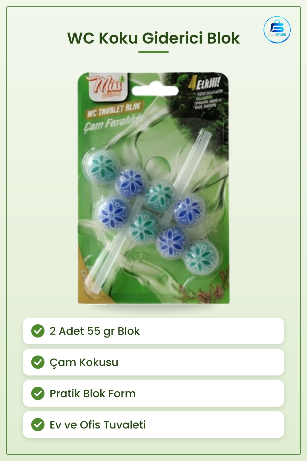 Tuvalet Koku Giderici WC Blok Çam Kokulu 2x55 gr Pratik Form Ferahlatıcı Ev Temizlik Ürünü