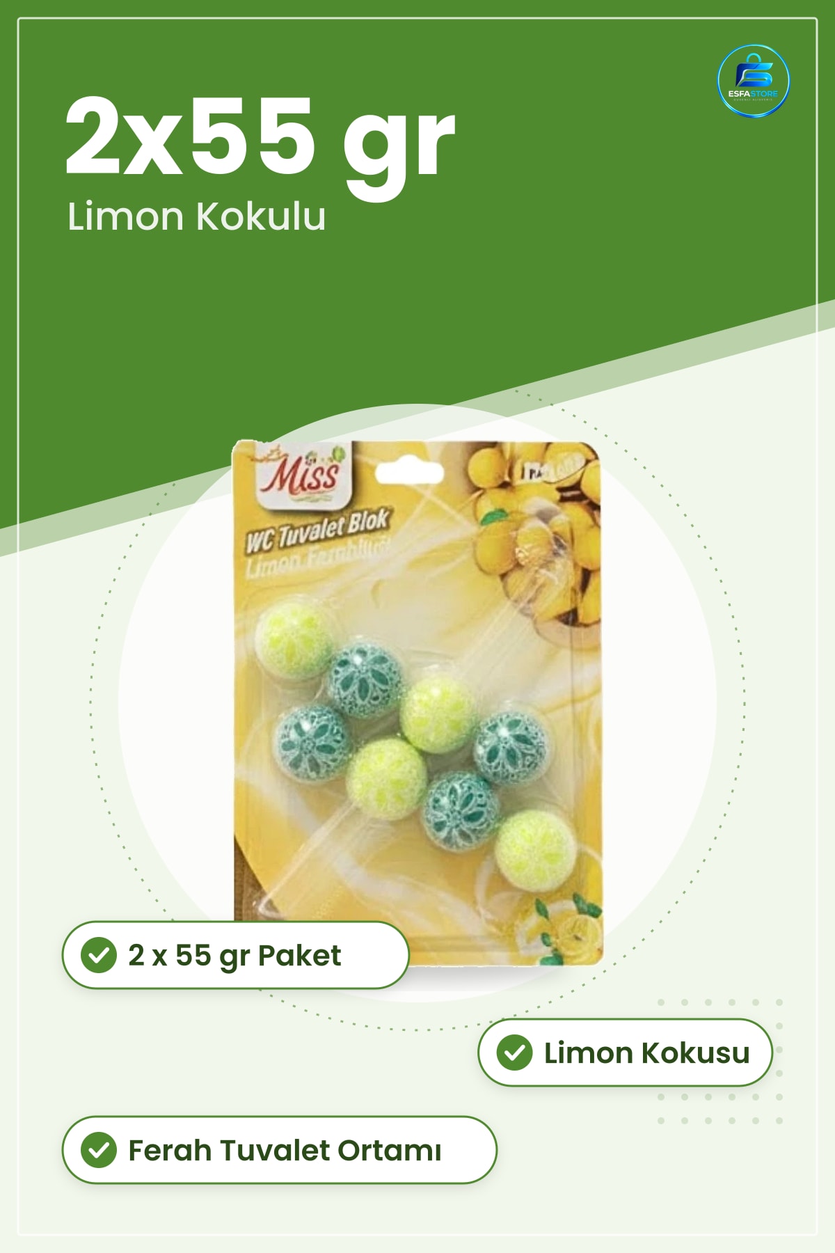WC Blok Limon Kokulu 2x55 gr Tuvalet Koku Giderici Ferah Ortam Banyo Temizlik Ürünü