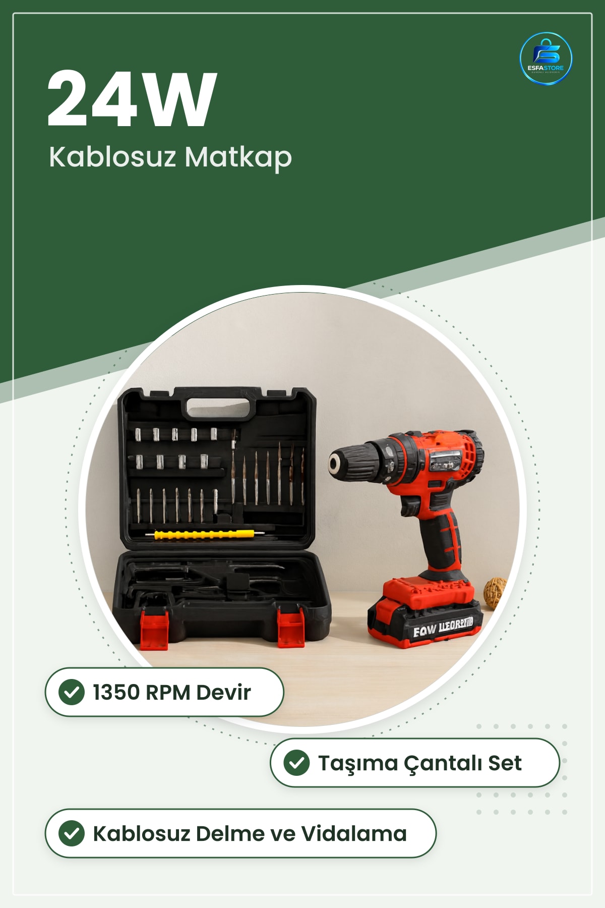 Şarjlı Matkap Seti 24W RPM Çantalı Kırmızı Kablosuz Delme ve Vidalama Aleti Ev Atölye