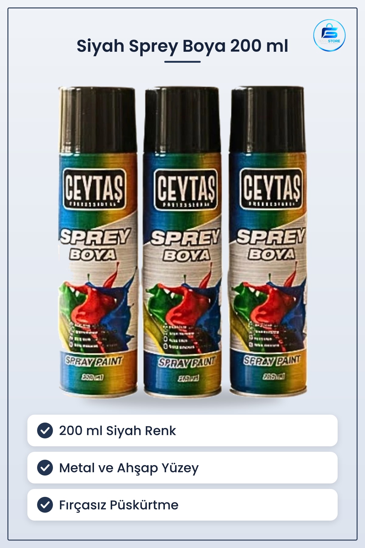 Siyah Sprey Boya 200 ml Metal ve Ahşap Yüzeyler İçin Tadilat Boyası Mutfak Banyo Hırdavat