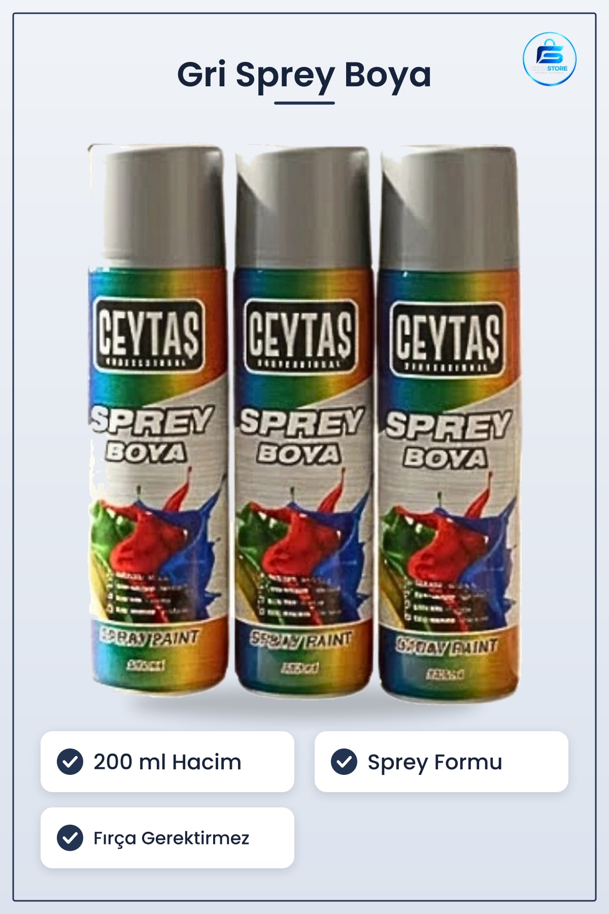 Sprey Boya Gri 200 ml 1 Adet Pratik Püskürtme Formu Kolay Uygulama Hırdavat Tamirat İşleri