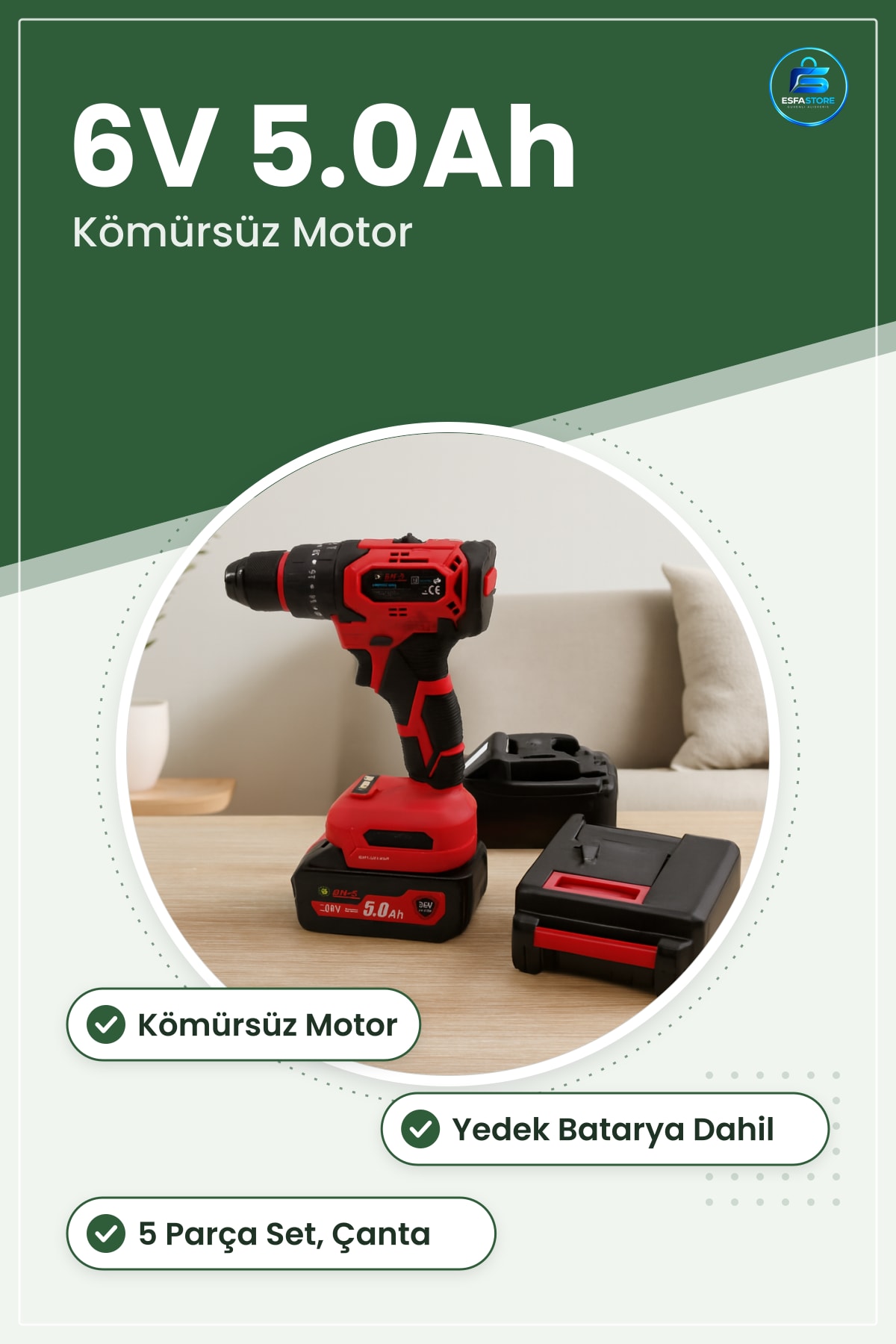 Kömürsüz Şarjlı Darbeli Matkap Seti 6V 5.0Ah Yedek Bataryalı 5 Parça Çantalı Ev Tadilat Vidalama