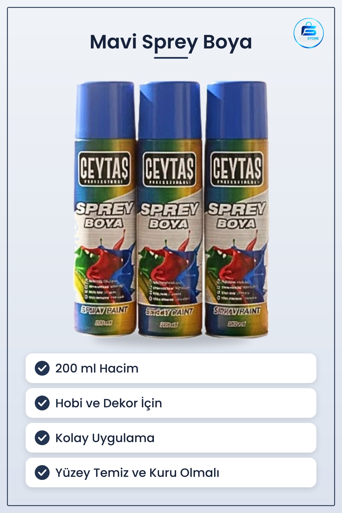 Mavi Sprey Boya 200 ml Kolay Uygulanabilir Hobi ve Dekor Boyası Hızlı Dokunuşlar İçin