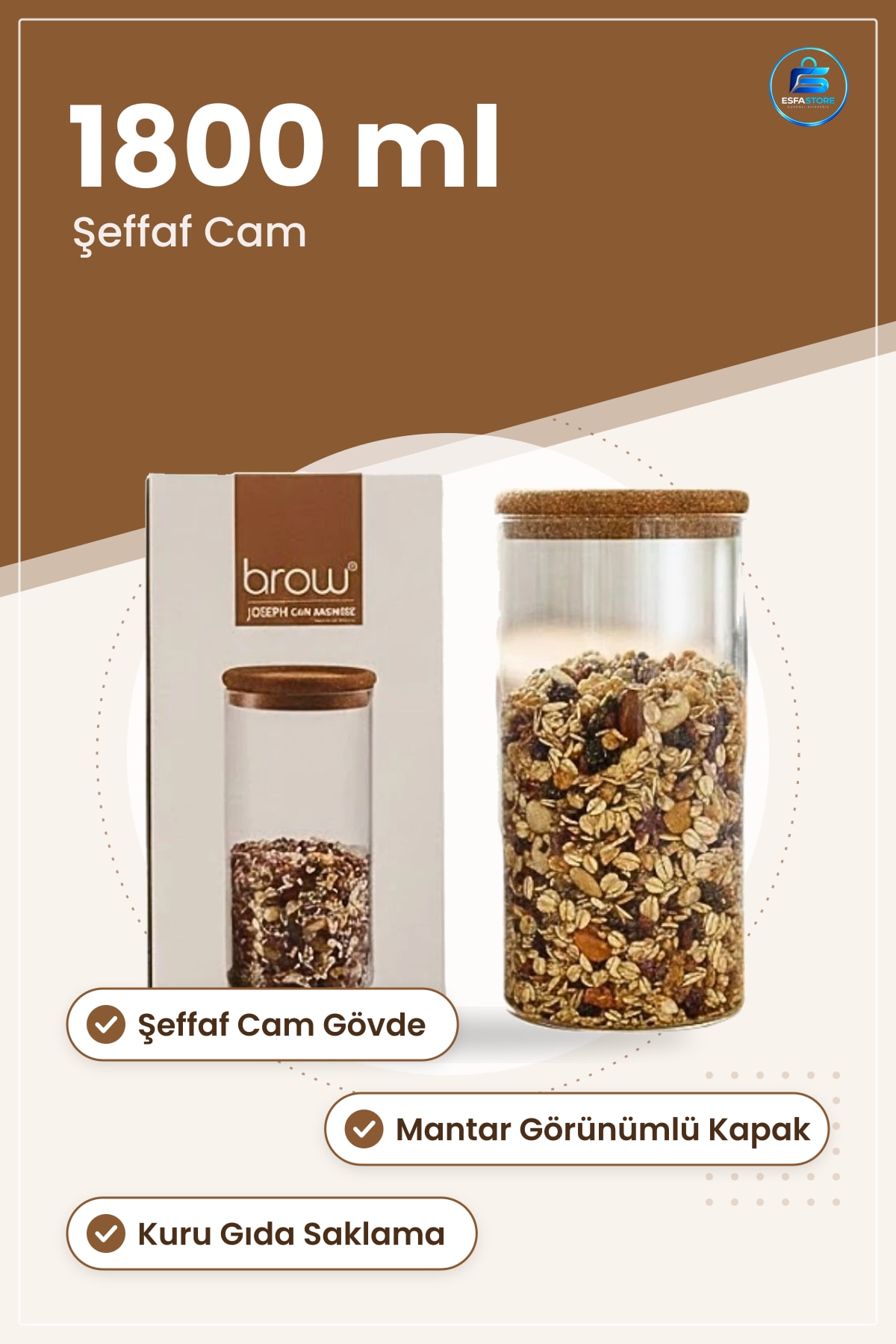 Cam Saklama Kutusu 1800 ml Büyük Şeffaf Kavanoz Mantarlı Kapak Mutfak Kuru Gıda Depolama