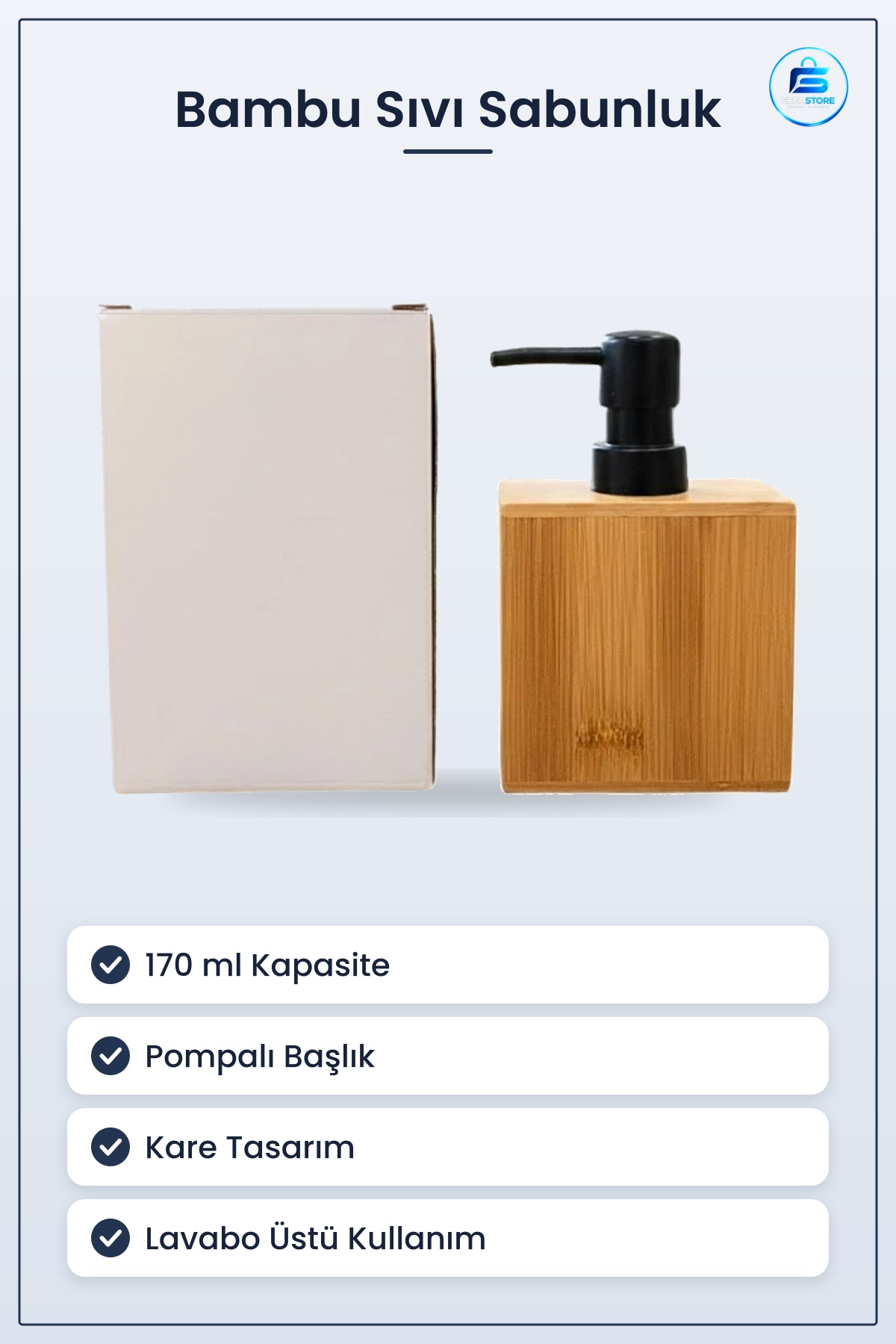 Kare Bambu Sıvı Sabunluk 170 ml Pompalı Banyo Sabun Dispenseri Lavabo Üstü Doğal Dokulu