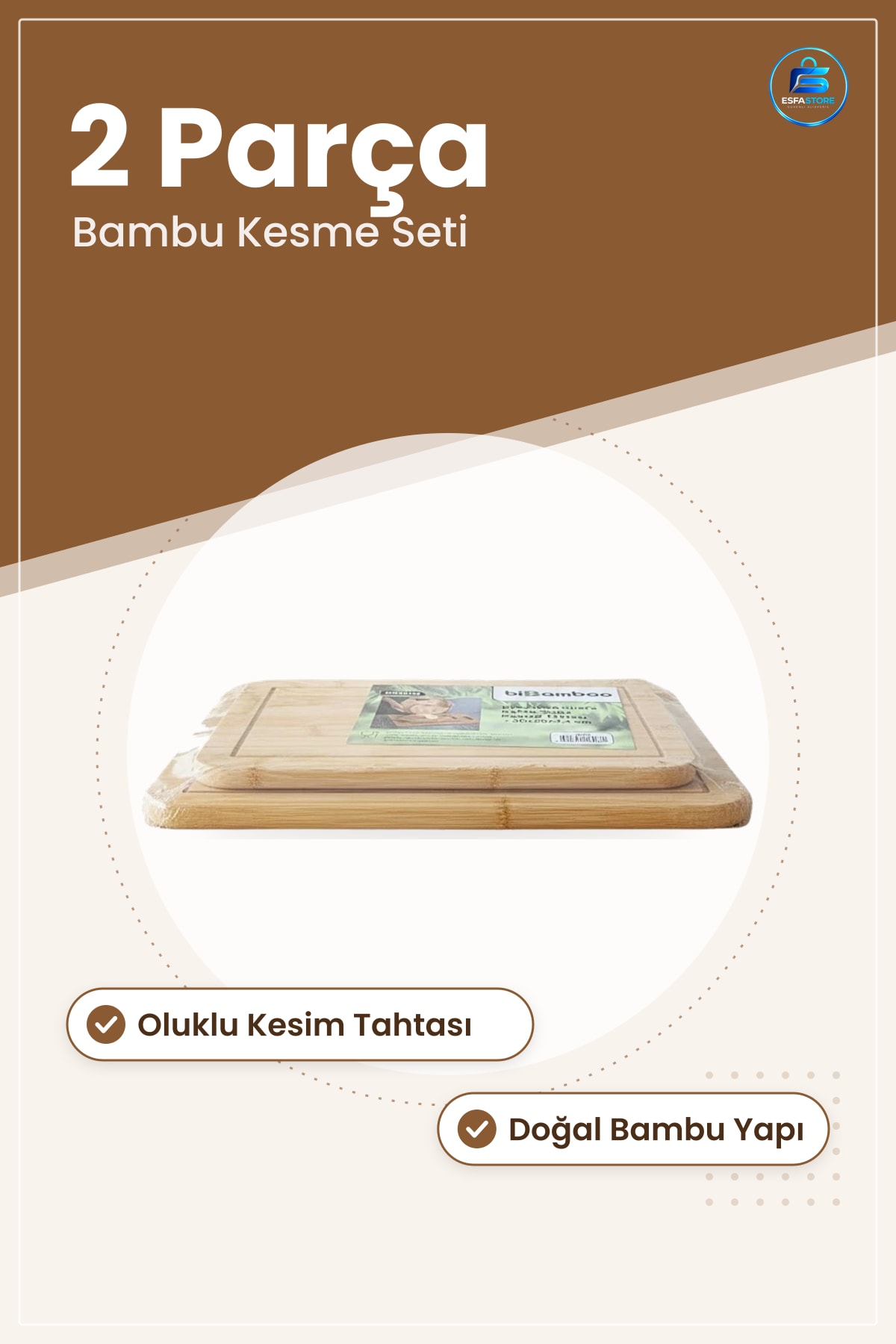 Bambu Kesme Tahtası Kesim Panosu 2 Parça Set Mutfak Sebze Meyve Hazırlık Oluklu Doğal