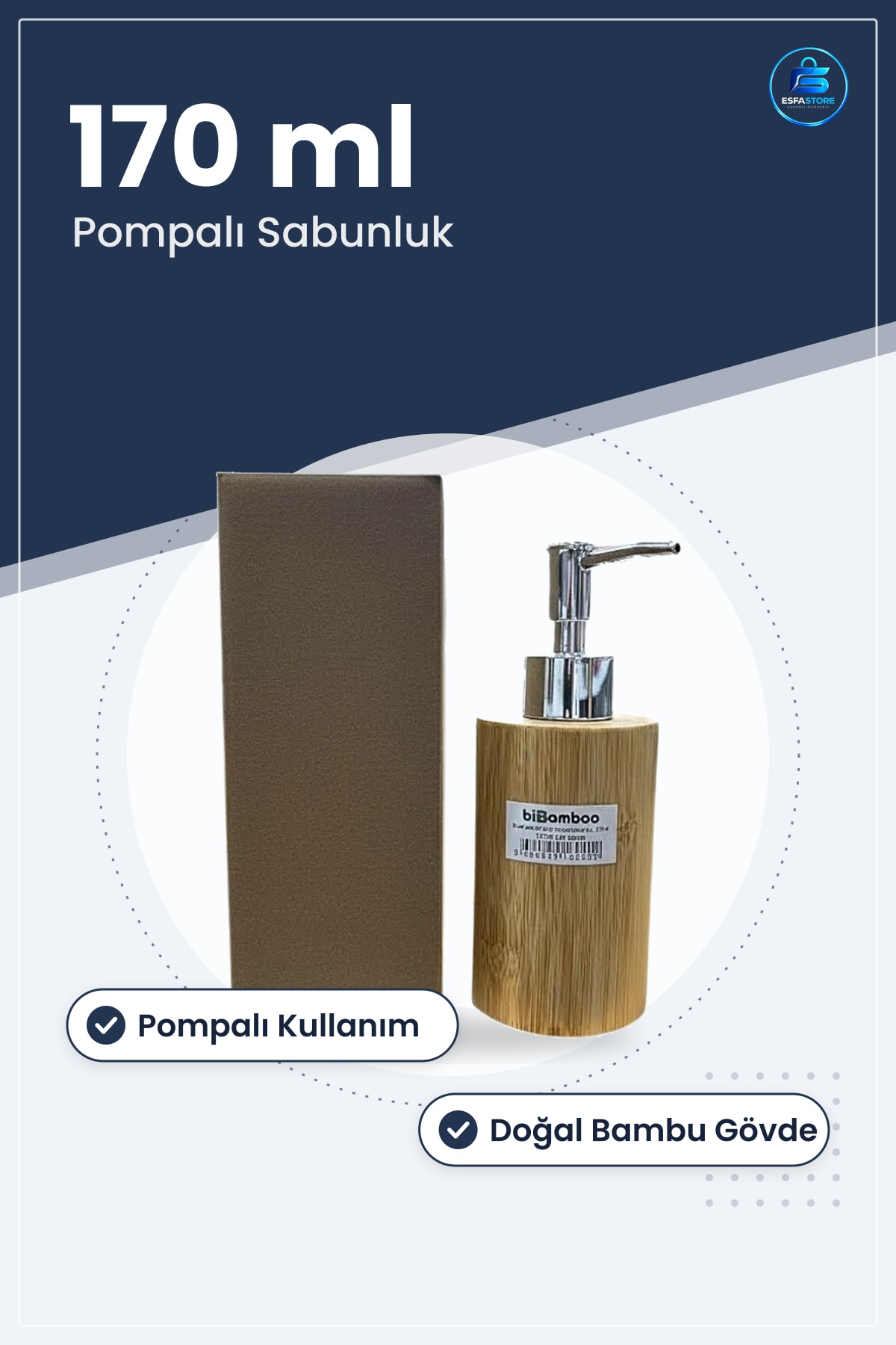 Sabunluk Bambu Sıvı Sabunluğu 170 ml Pompalı Banyo Aksesuarı Krom Pompa Doğal Ahşap Görünüm