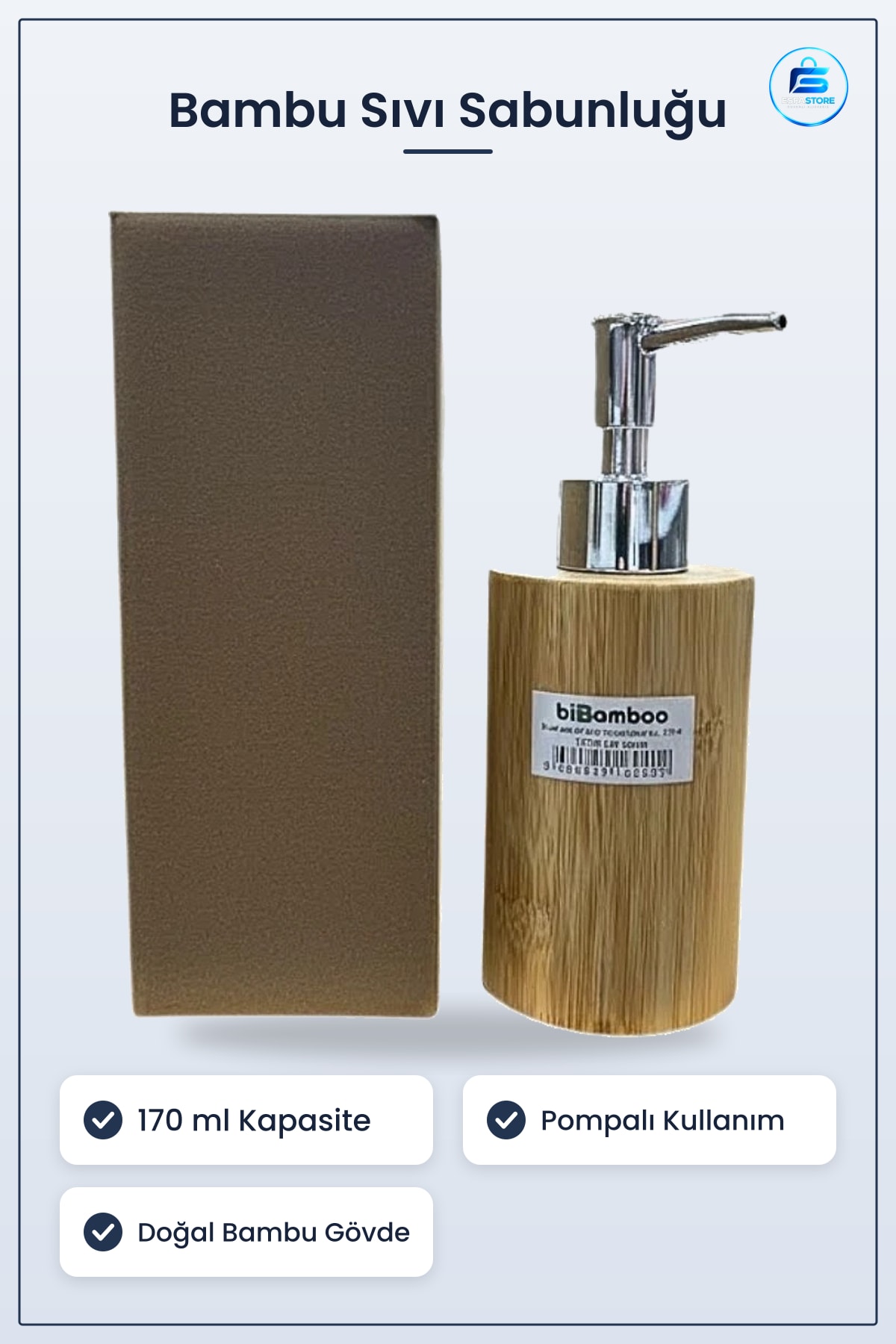 Sabunluk Bambu Sıvı Sabunluğu 170 ml Pompalı Banyo Aksesuarı Krom Pompa Doğal Ahşap Görünüm