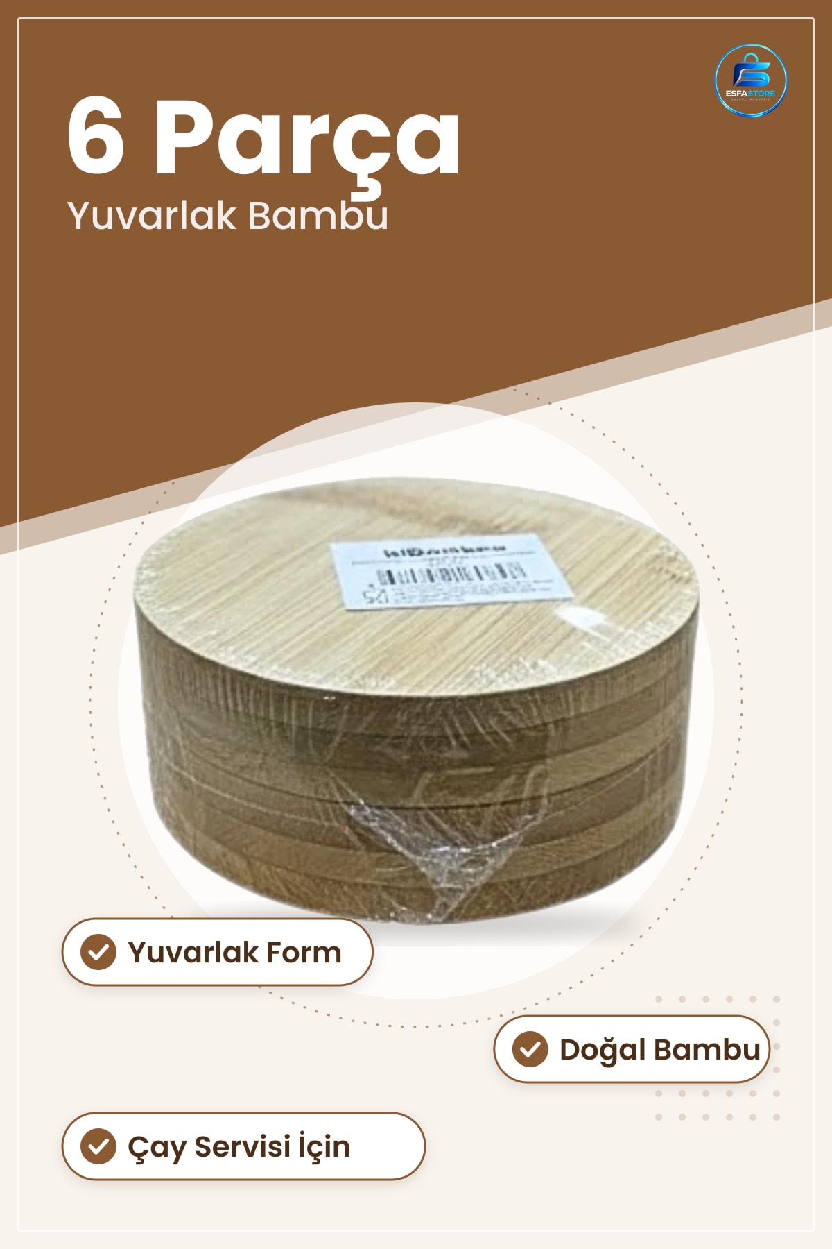 6 Parça Yuvarlak Bambu Çay Tabağı Tabak Seti Mutfak Sofra Servis Günlük Kullanım Sunum