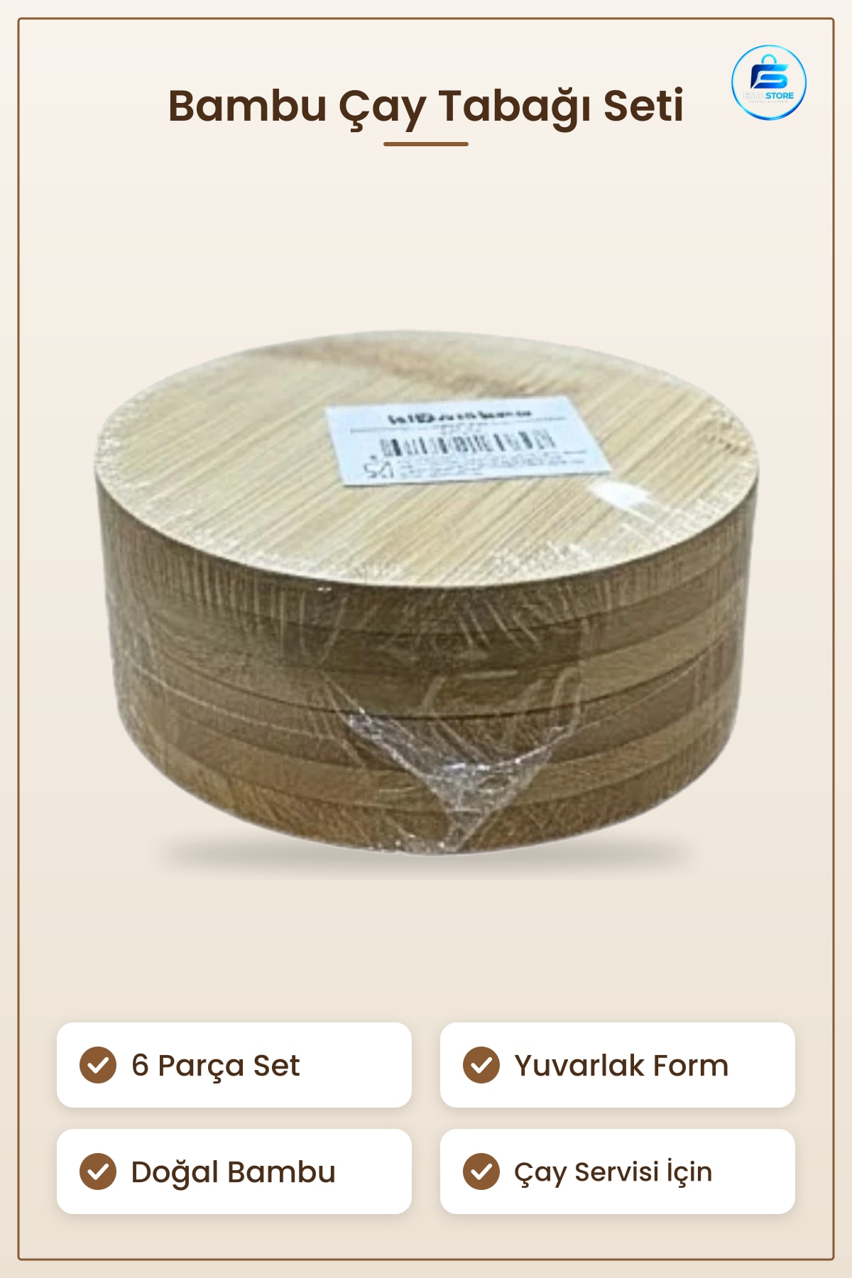 6 Parça Yuvarlak Bambu Çay Tabağı Tabak Seti Mutfak Sofra Servis Günlük Kullanım Sunum