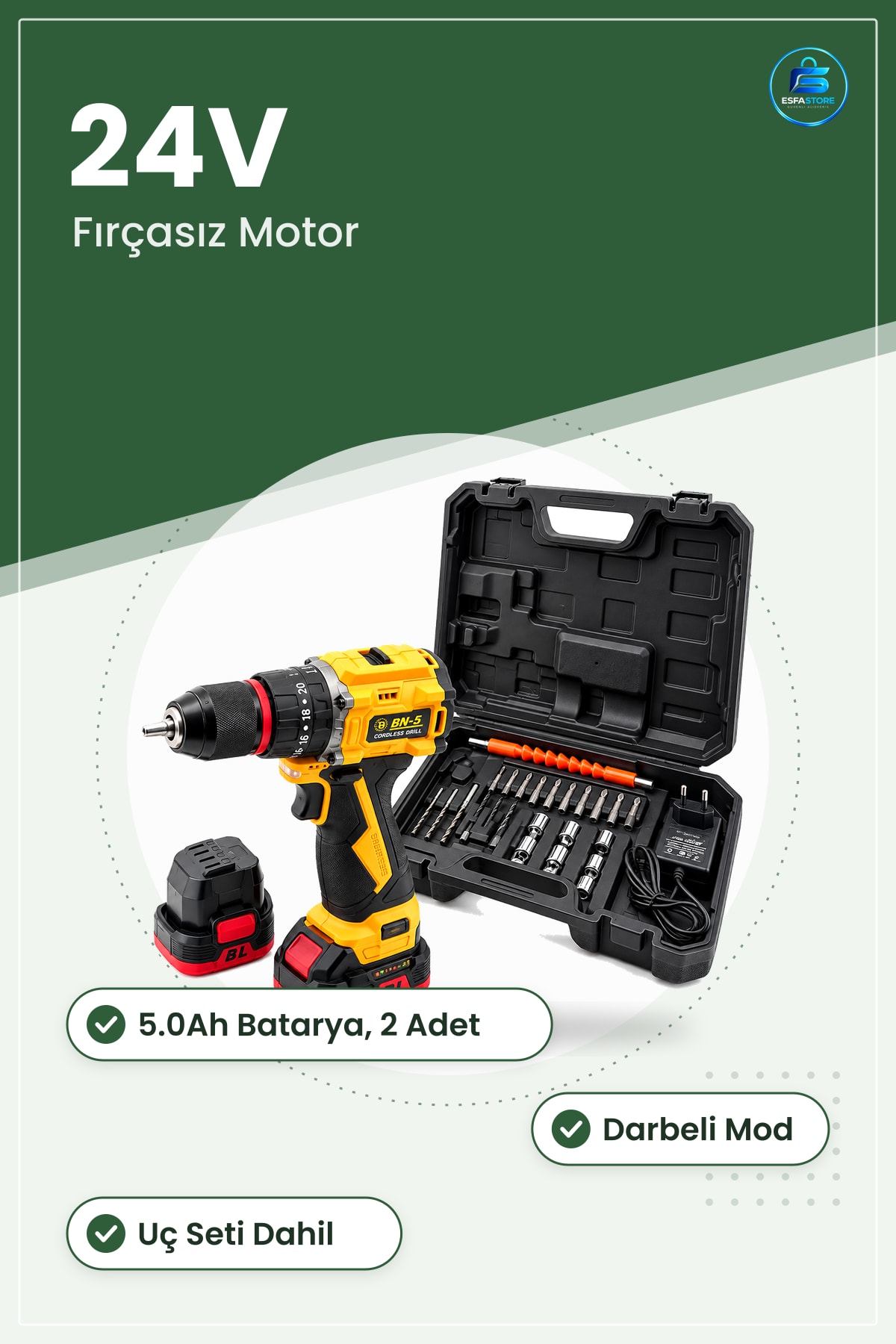 Şarjlı Darbeli Matkap 24V Fırçasız 5.0Ah RPM 2 Batarya Uç Seti Ahşap Metal Beton